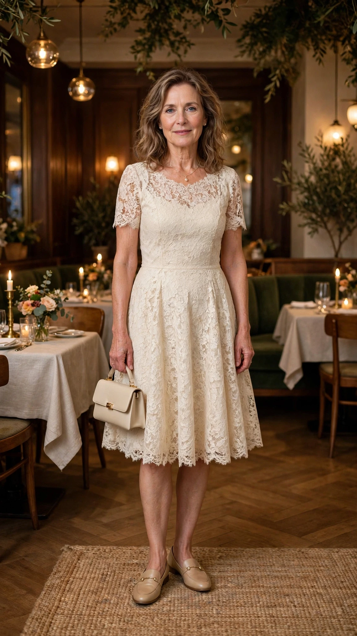 Cream lace fit-and-flare dress with smart loafers and a small structured clutch