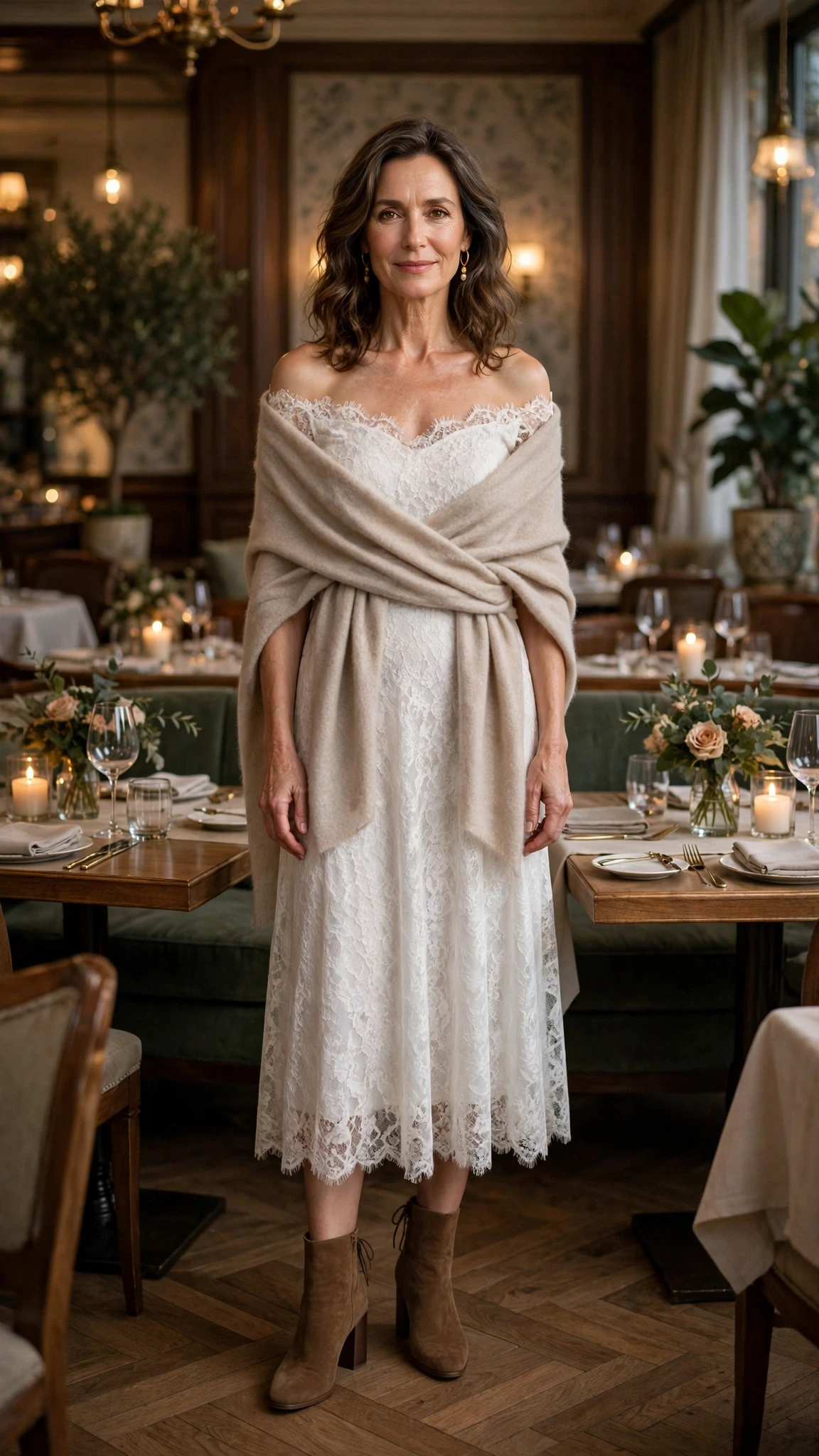 Soft white lace off-shoulder dress with block-heel ankle boots and a cashmere wrap