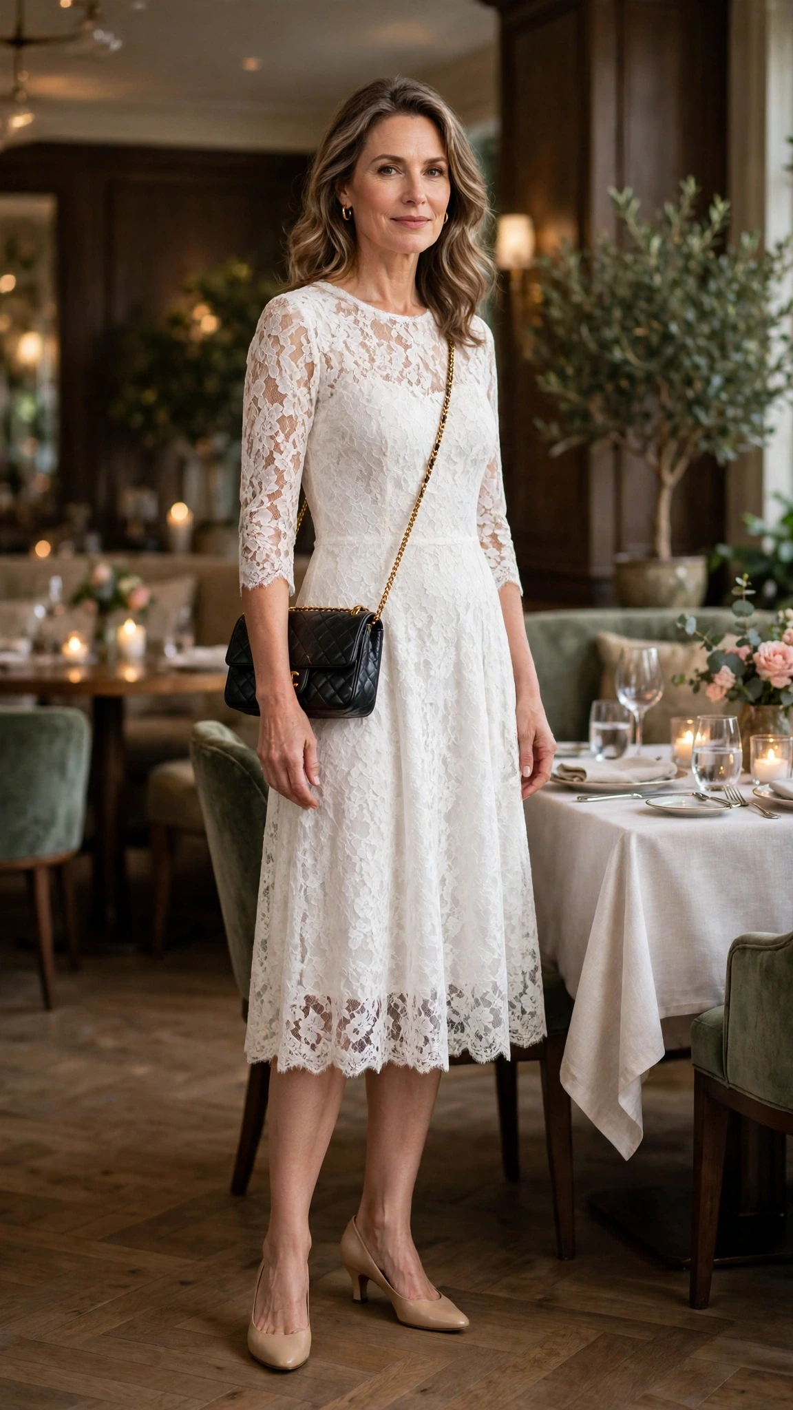 White lace tea-length dress with low-heeled pumps and a chic crossbody bag