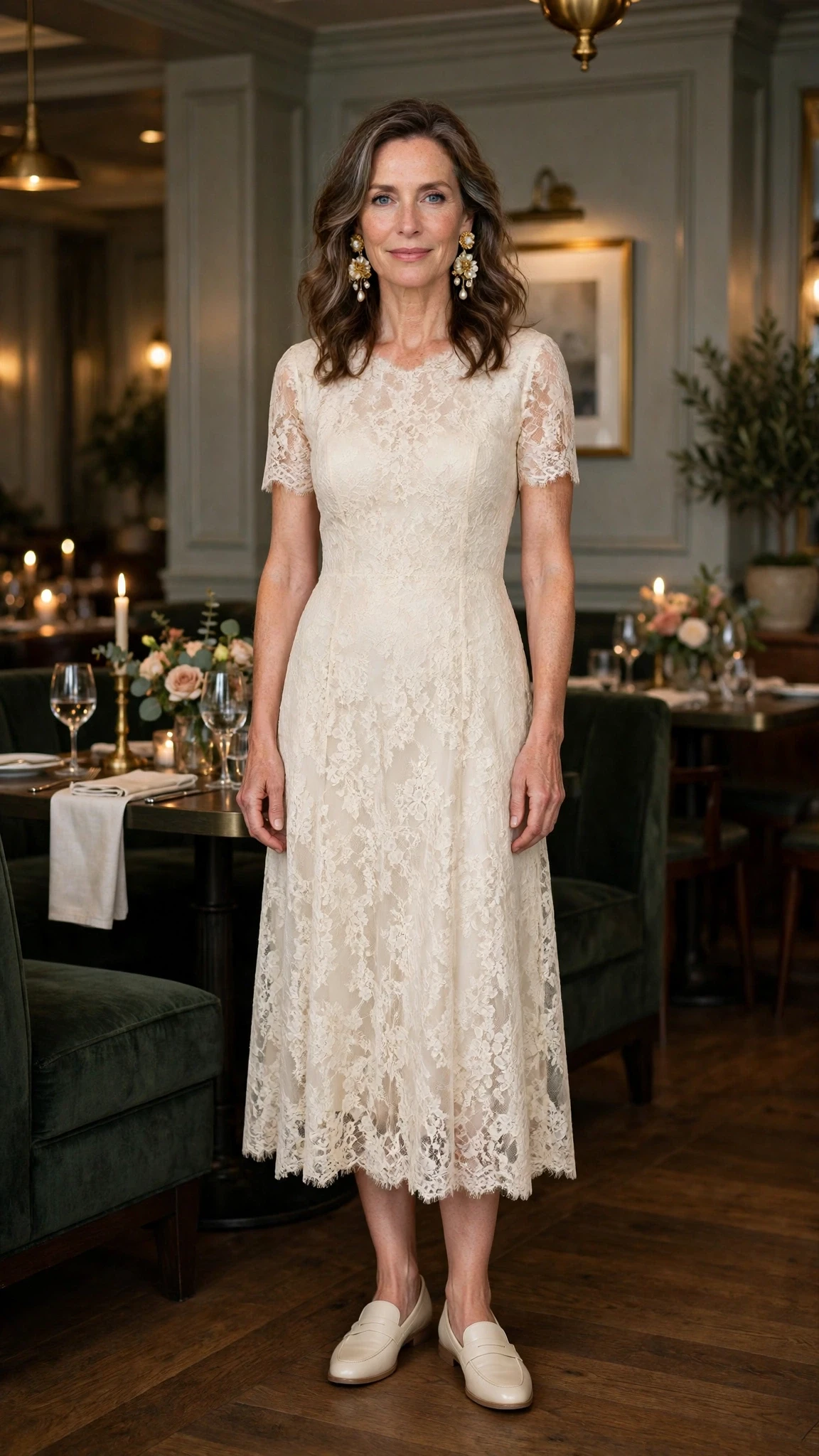 Cream lace midi dress with smart loafers and statement earrings