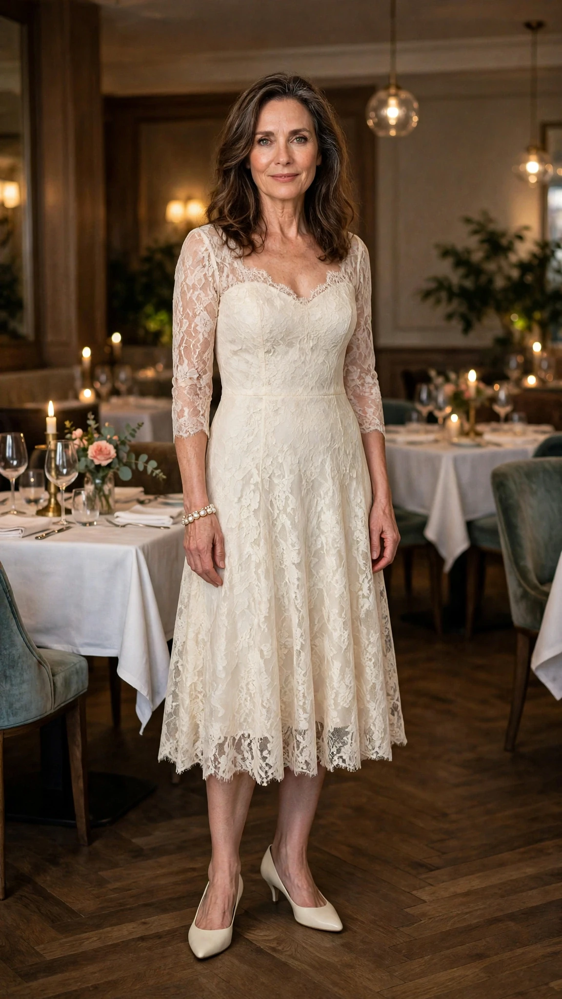 Cream lace party dress with kitten heels and a pearl bracelet