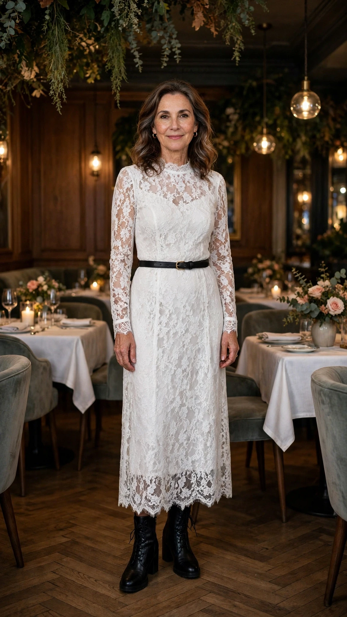 Winter white lace long-sleeve dress with leather ankle boots and a slim leather belt