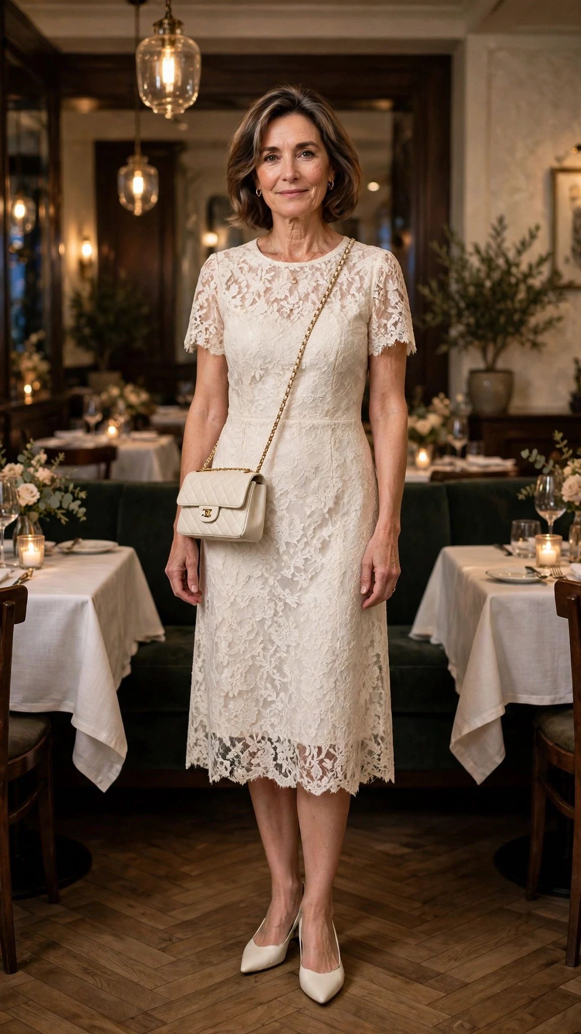 Ivory lace knee-length dress with elegant pointed flats and a chic crossbody bag