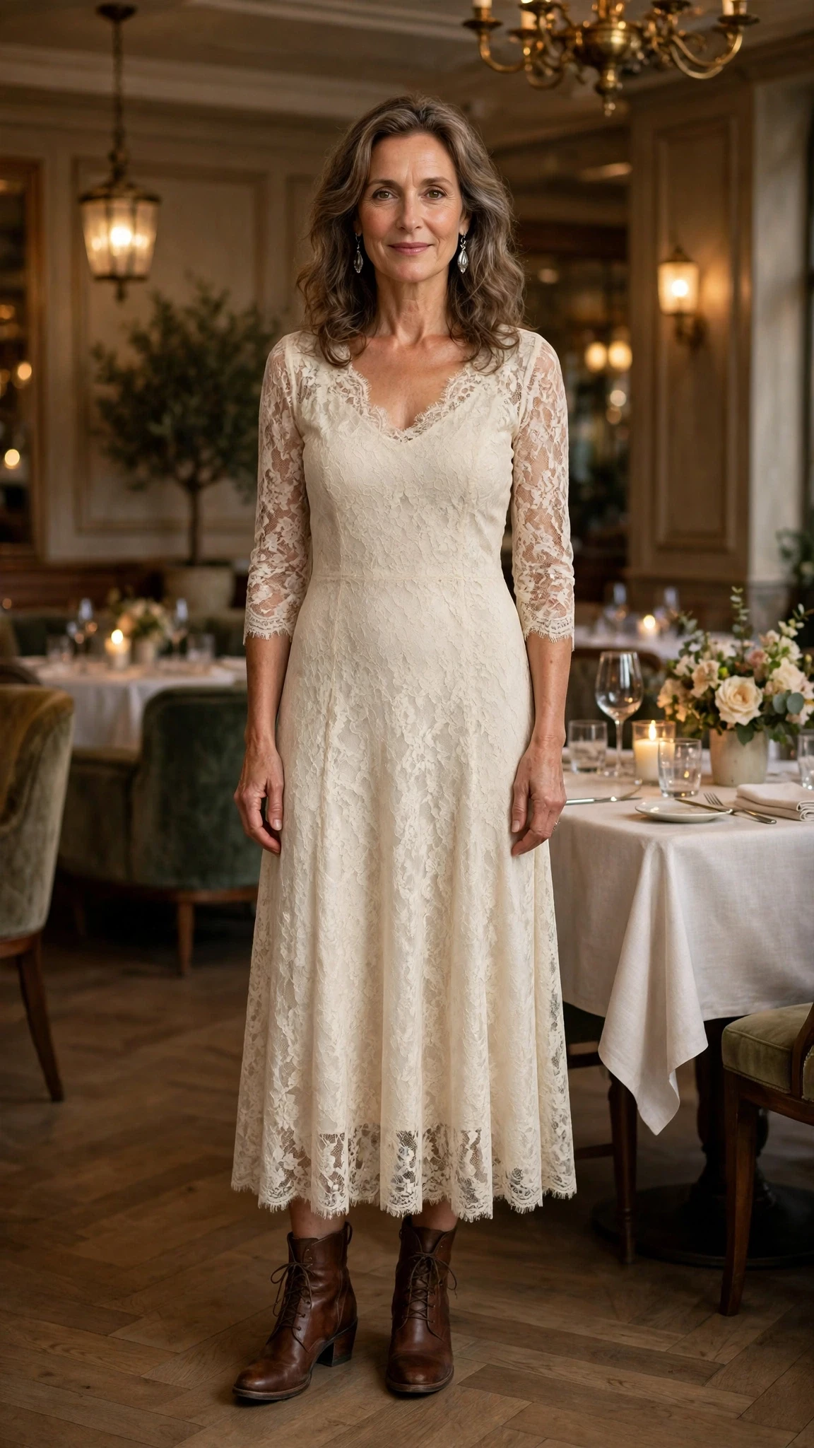 Cream lace party dress with leather ankle boots and silver drop earrings