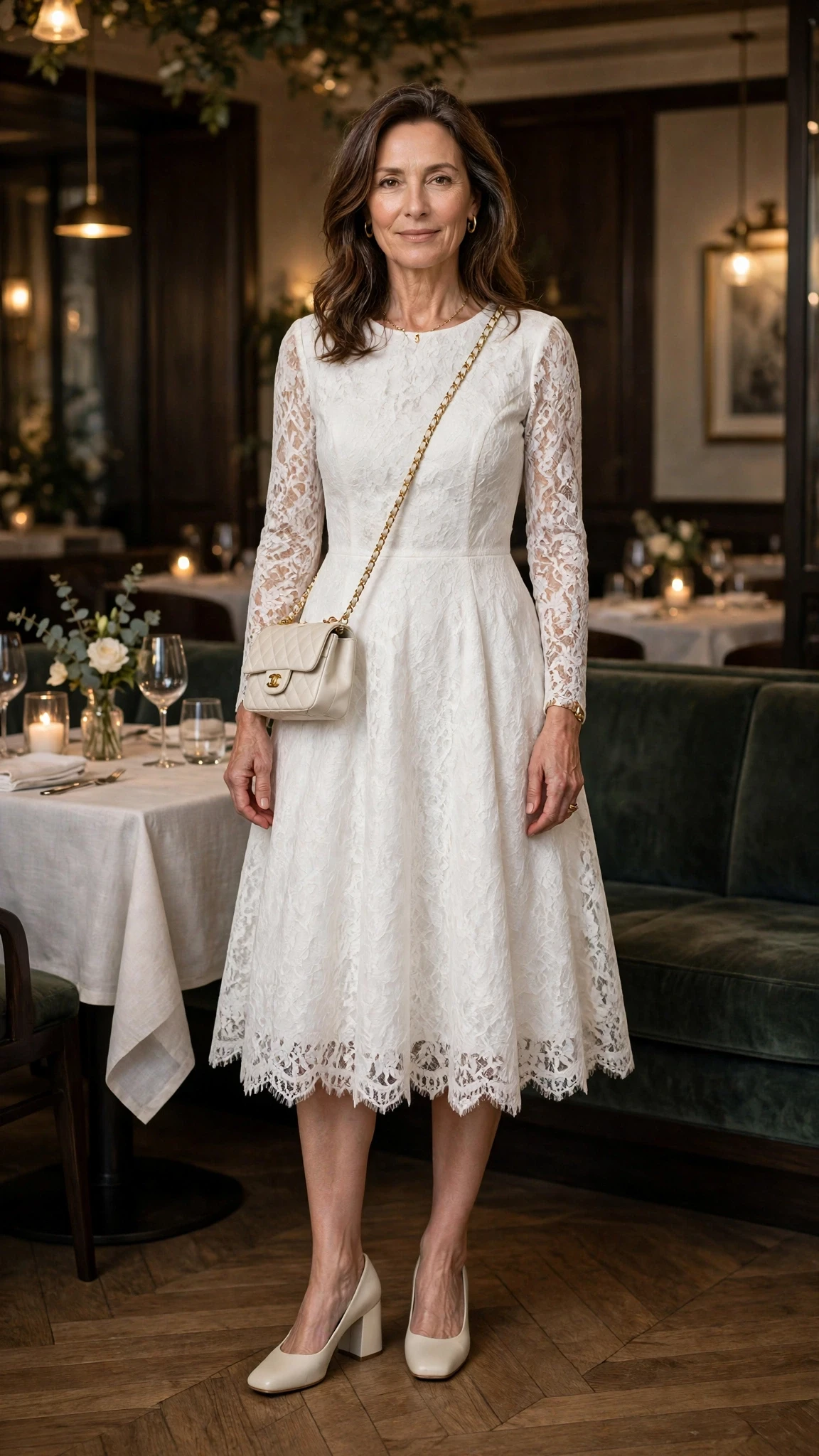 Winter white lace fit-and-flare dress with comfortable block heels and a chic crossbody bag