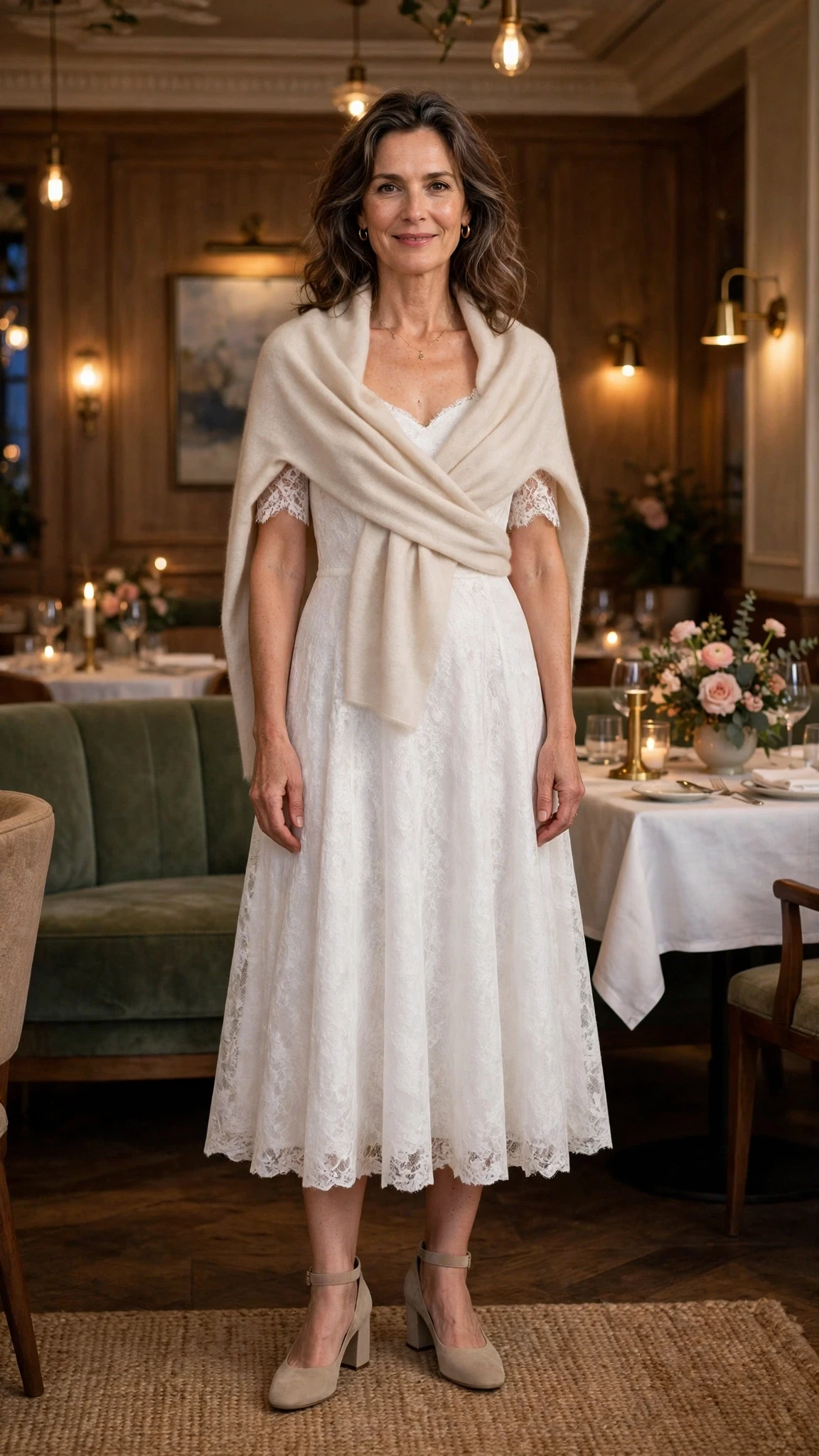 Soft white lace A-line dress with comfortable block heels and a cashmere wrap