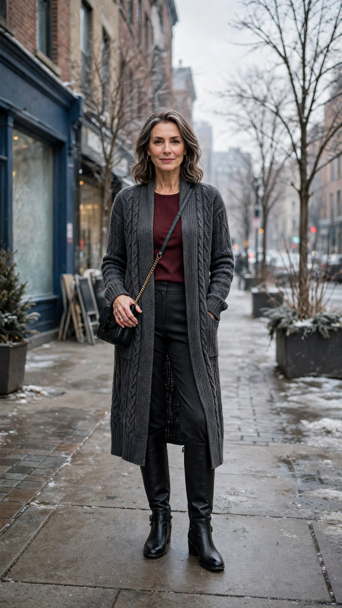 Long charcoal cardigan, burgundy top with dark trousers and knee-high boots