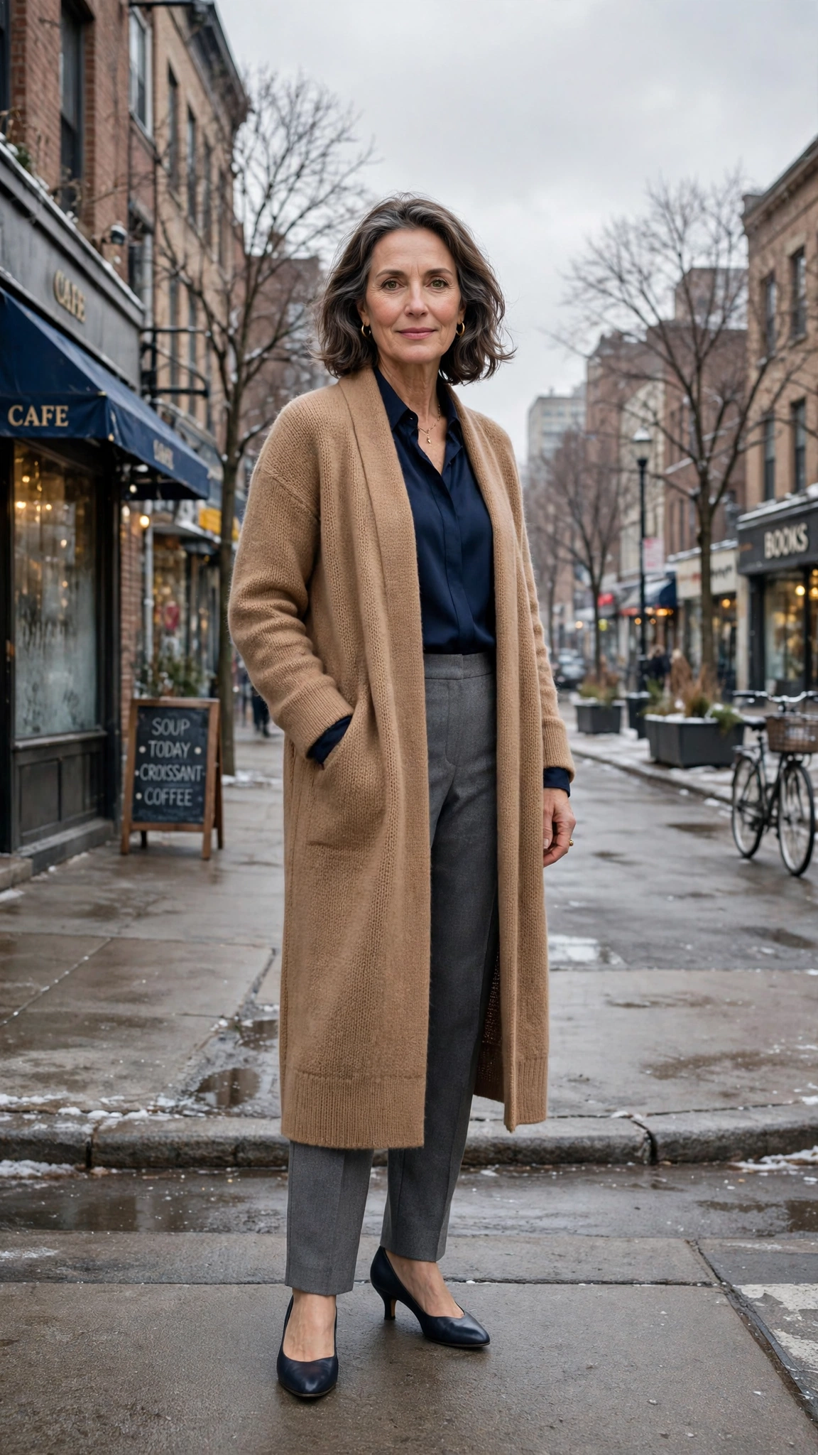 Long camel cardigan, navy blouse with grey trousers and low-heeled pumps