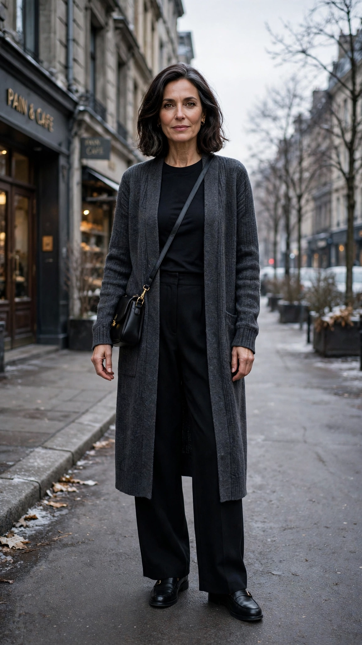 Long charcoal cardigan, black top with wide-leg trousers and classic loafers