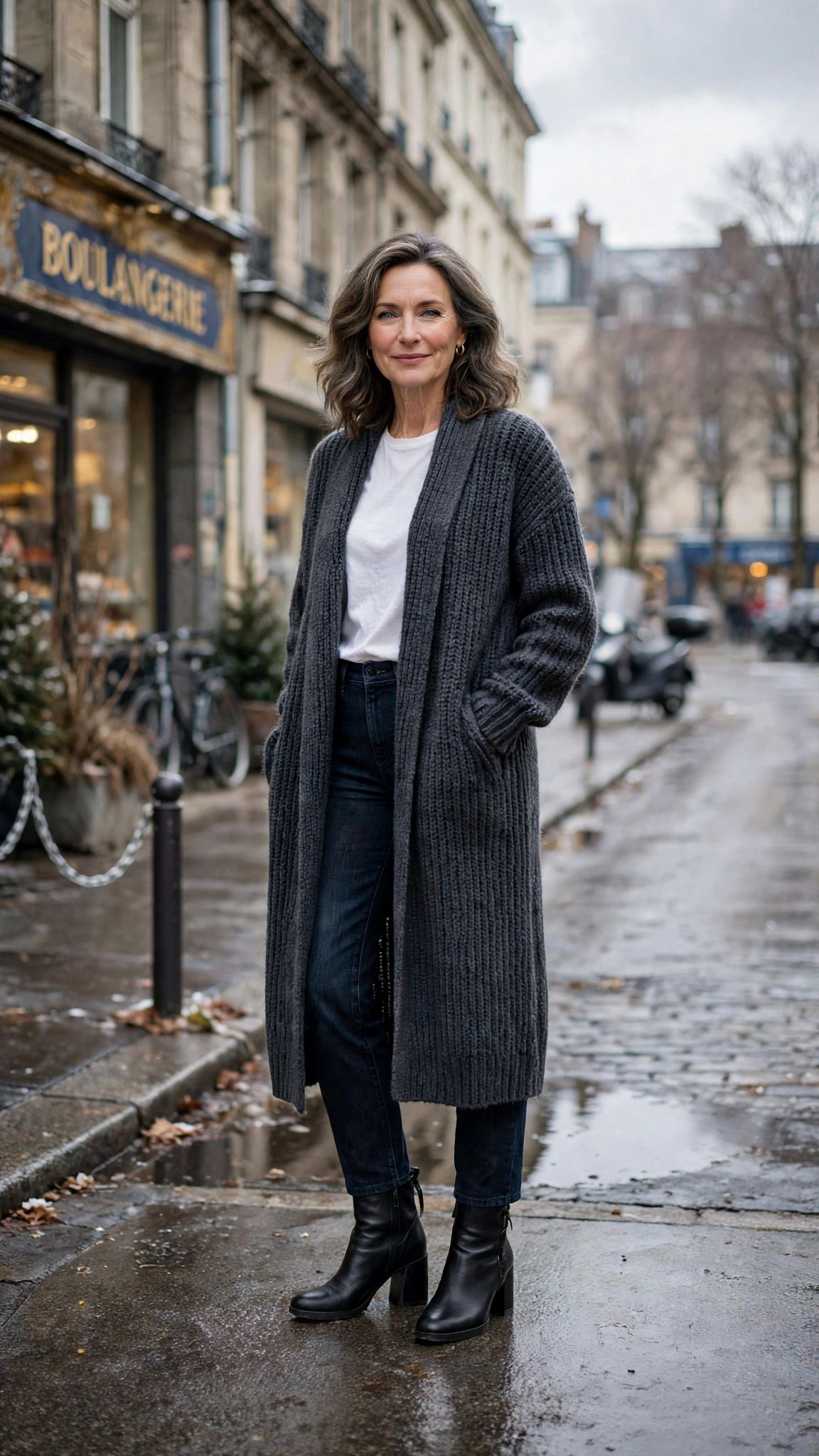 Long charcoal cardigan, white top with dark jeans and block-heel ankle boots