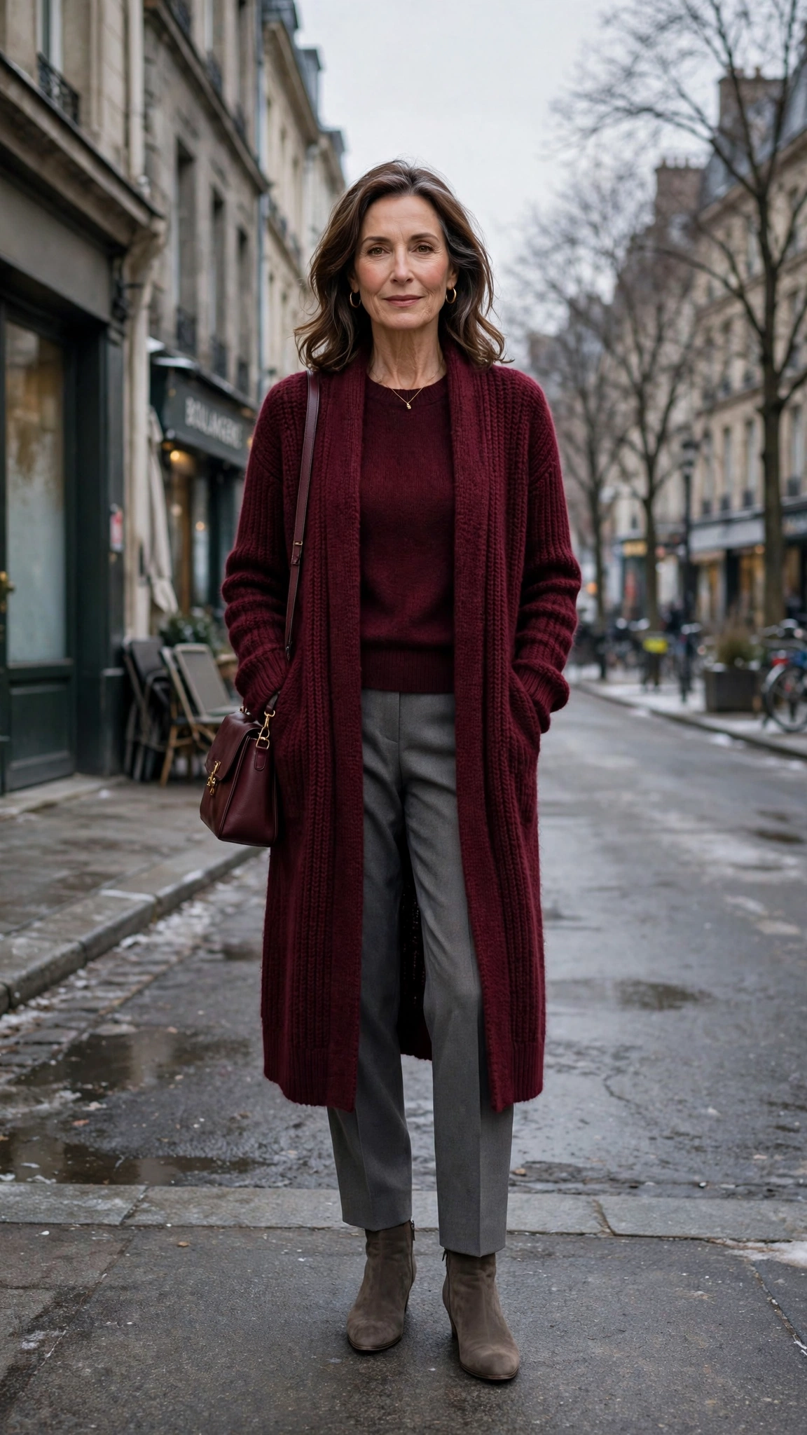 Long burgundy cardigan, wine knit top with grey trousers and suede ankle boots