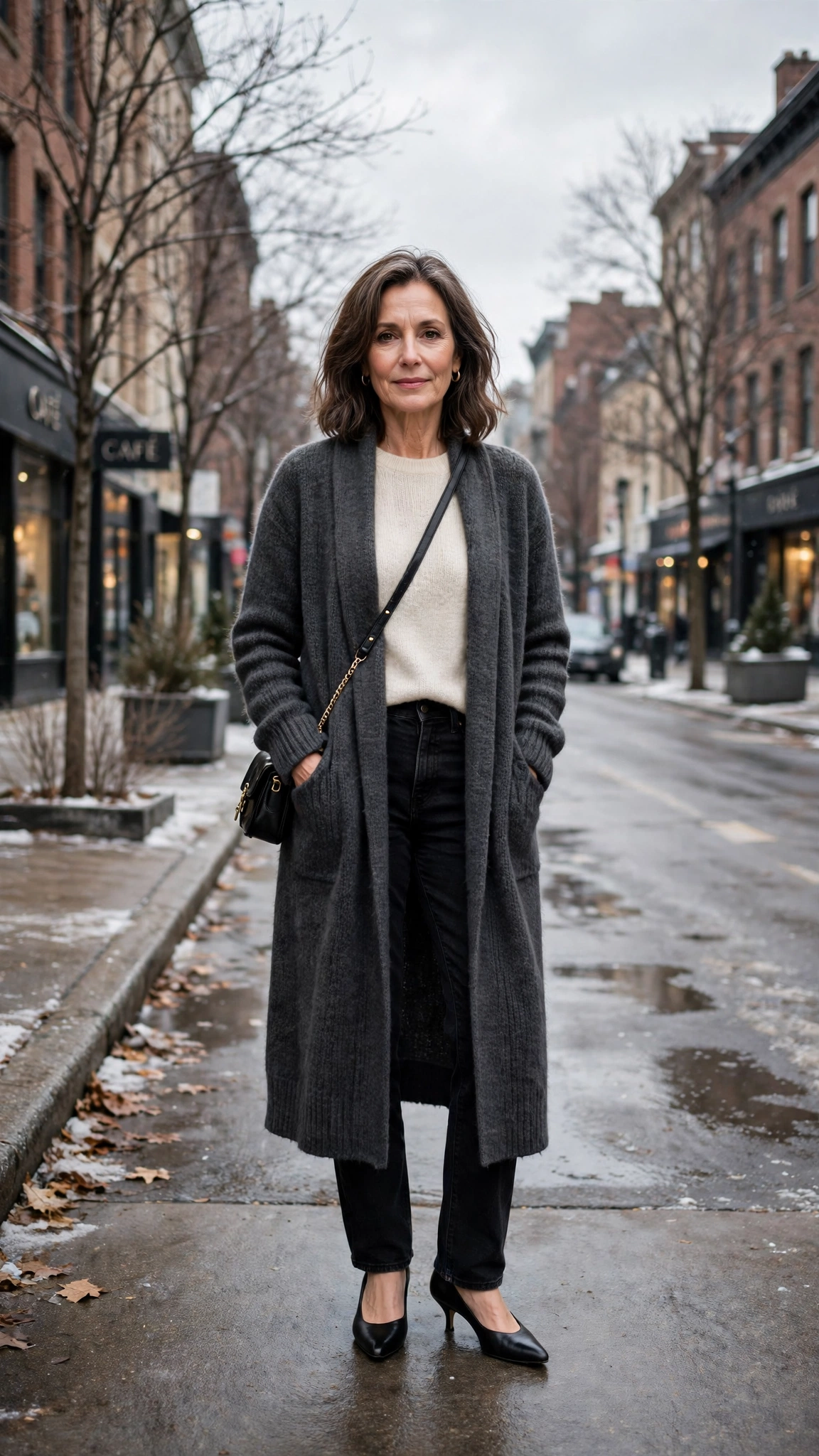 Long charcoal cardigan, cream knit top with black jeans and kitten heels