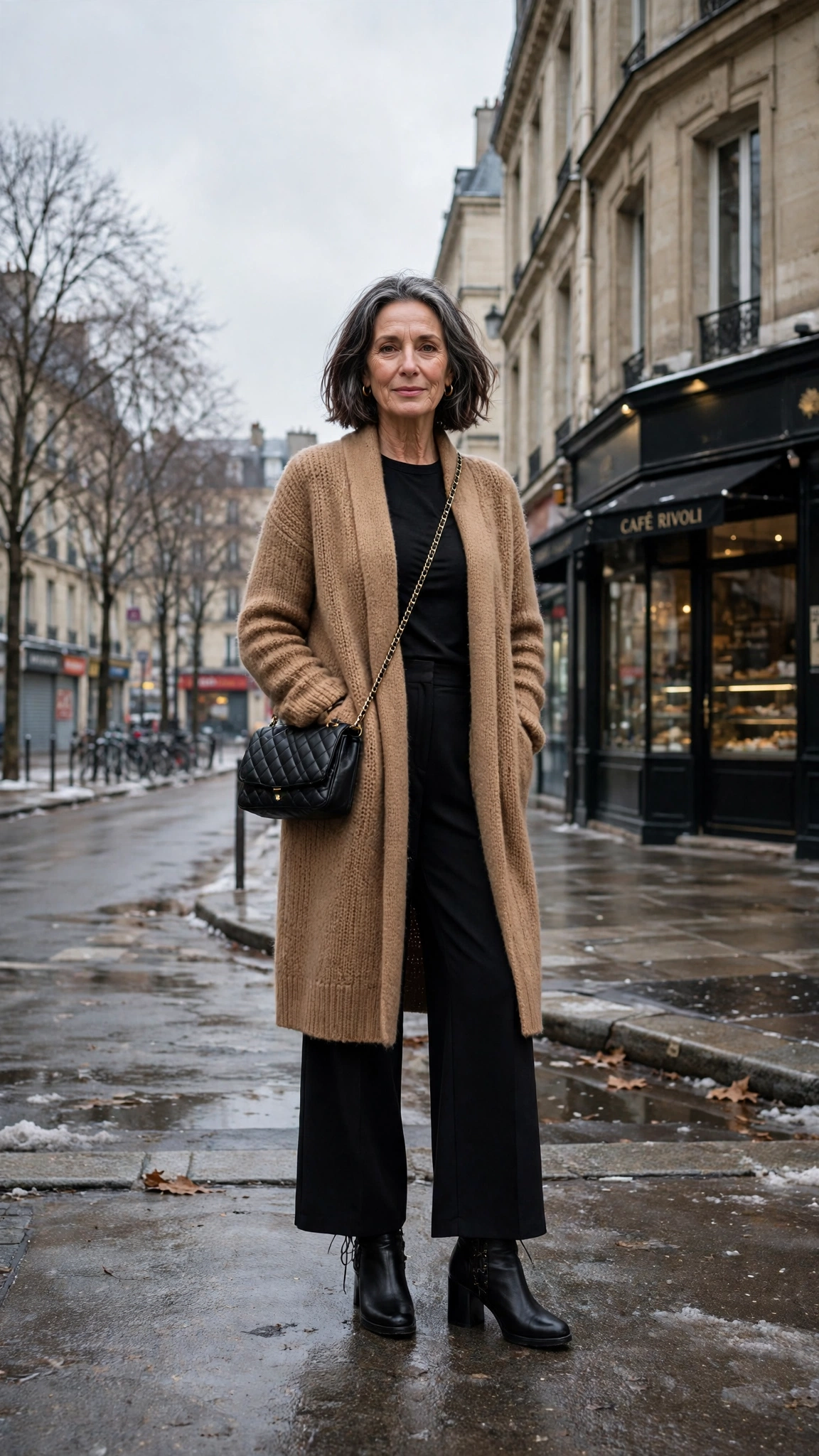 Long camel cardigan, black top with wide-leg trousers and block-heel ankle boots