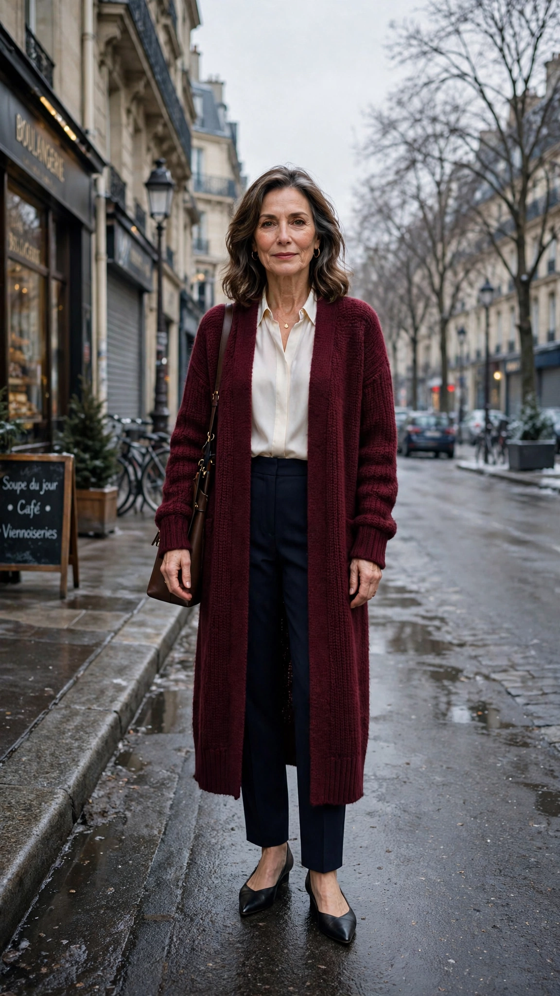 Long burgundy cardigan, ivory blouse with navy trousers and elegant pointed flats