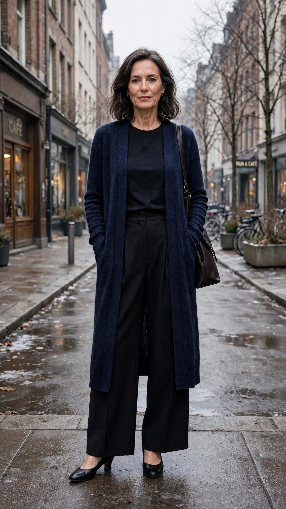 Long navy cardigan, black top with wide-leg trousers and low-heeled pumps