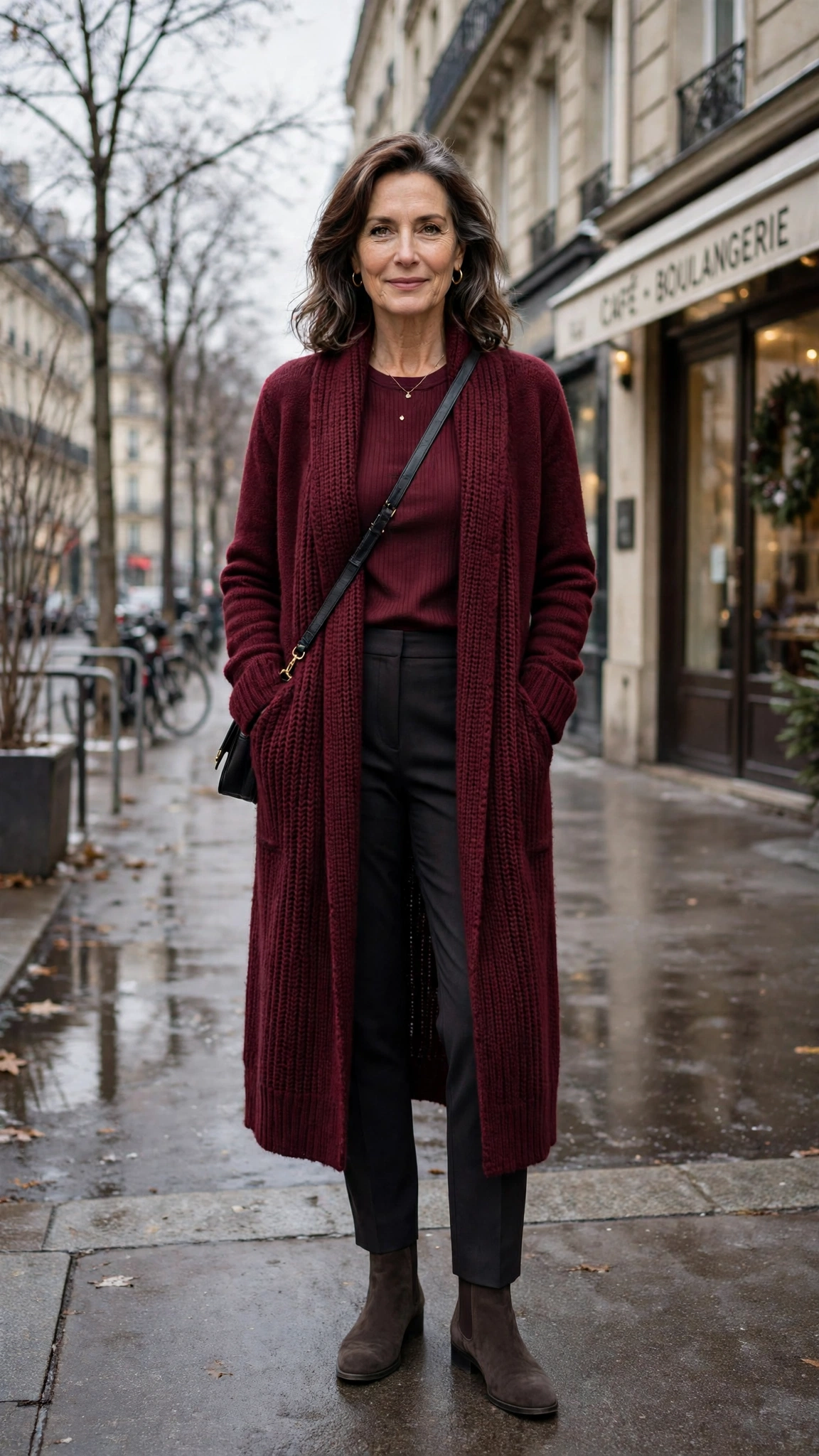 Long burgundy cardigan, burgundy top with dark trousers and suede ankle boots