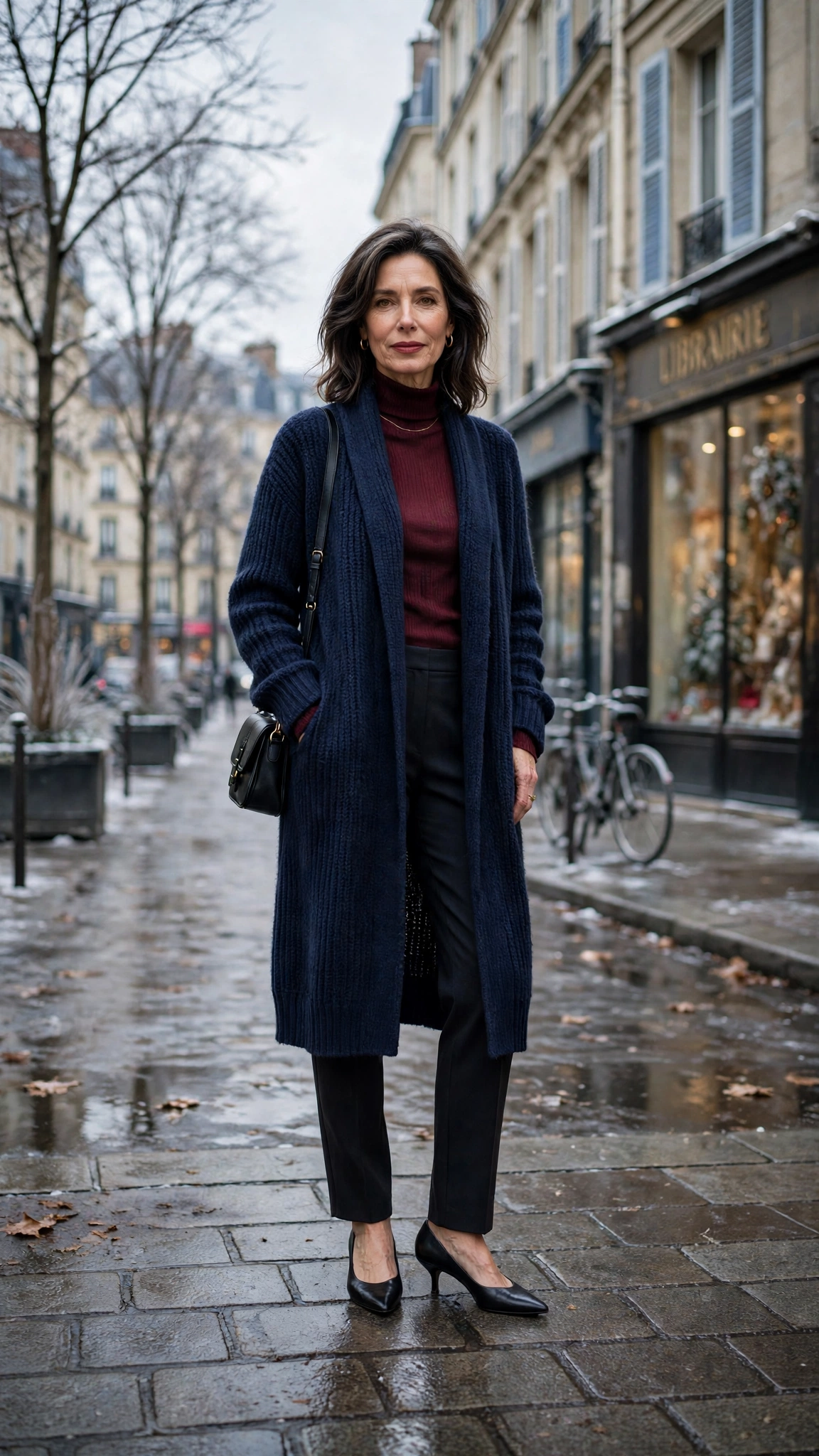 Long navy cardigan, burgundy top with dark trousers and kitten heels