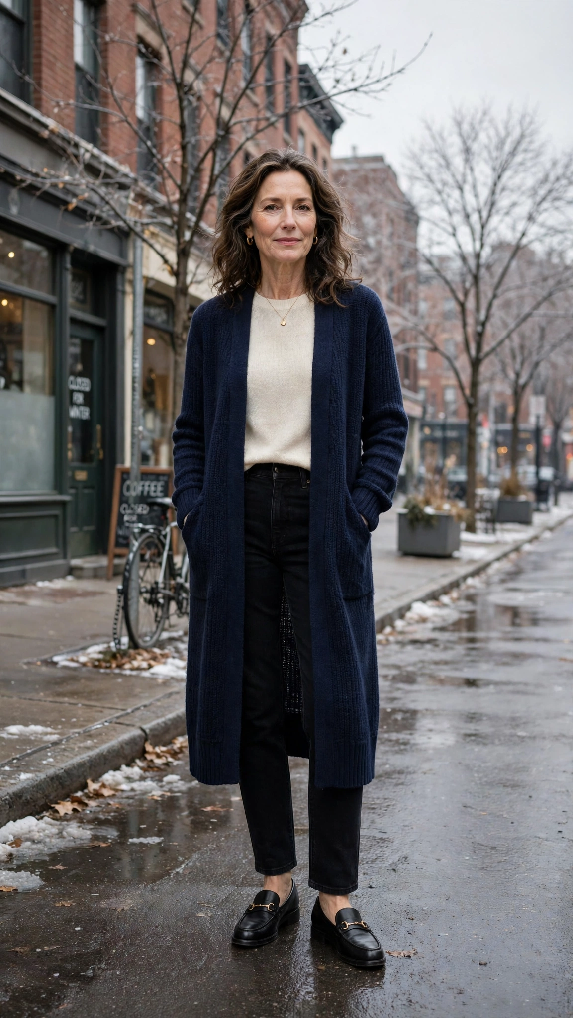 Long navy cardigan, cream knit top with black jeans and classic loafers