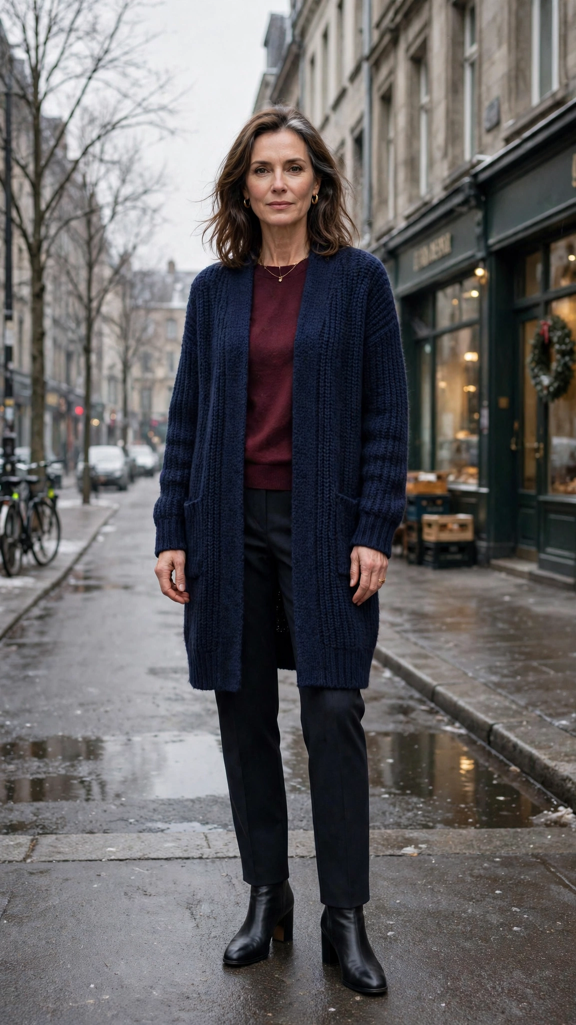Long navy cardigan, burgundy top with dark trousers and block-heel ankle boots