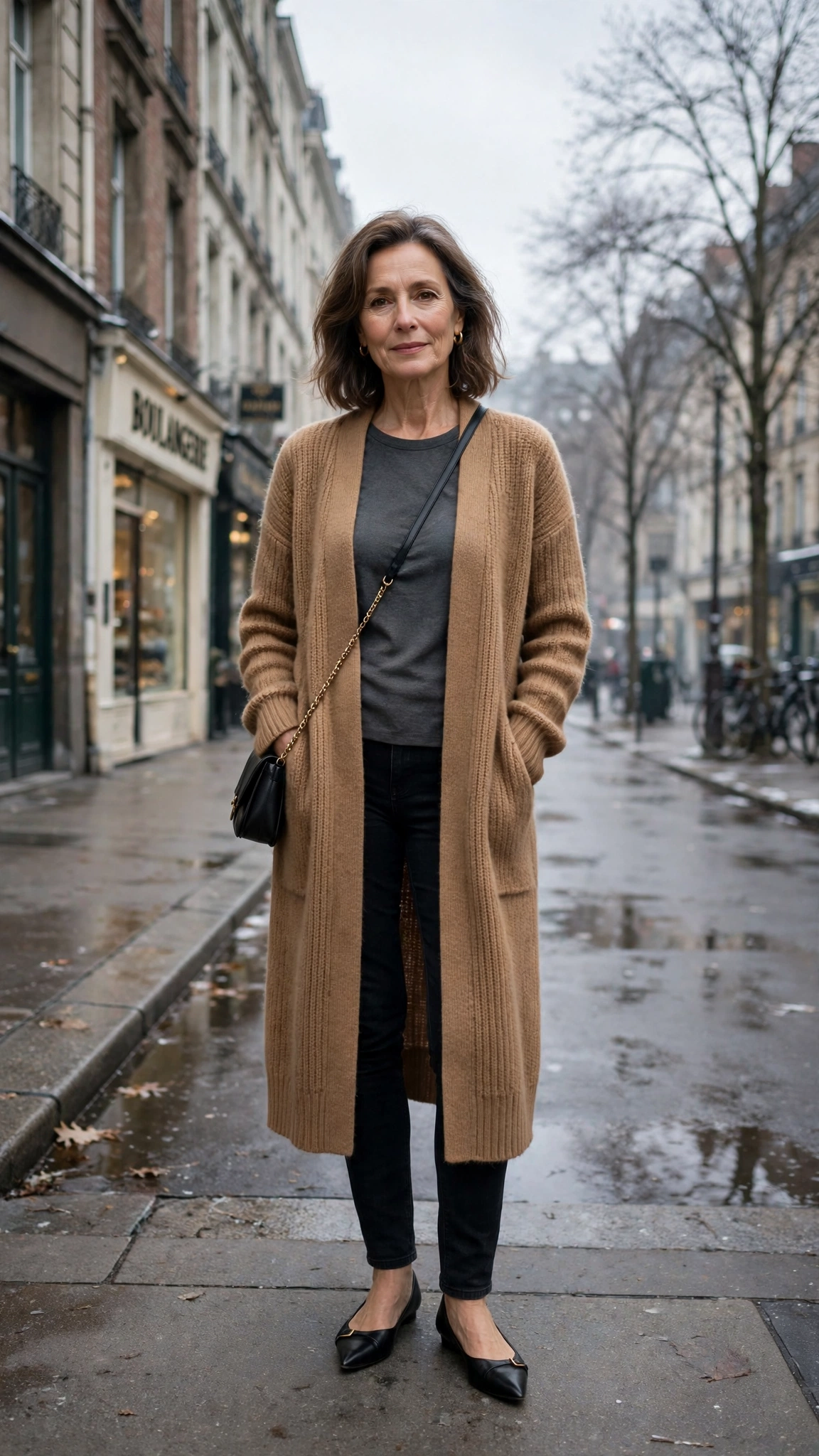Long camel cardigan, charcoal top with black jeans and elegant pointed flats