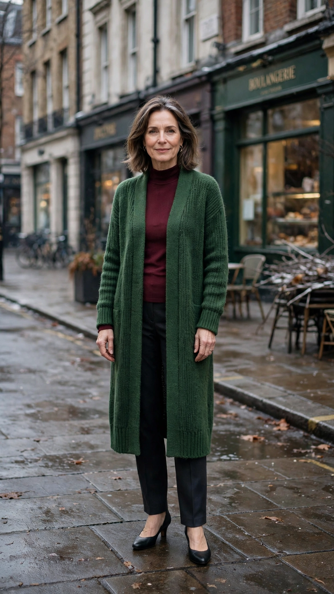 Long forest green cardigan, burgundy top with dark trousers and low-heeled pumps