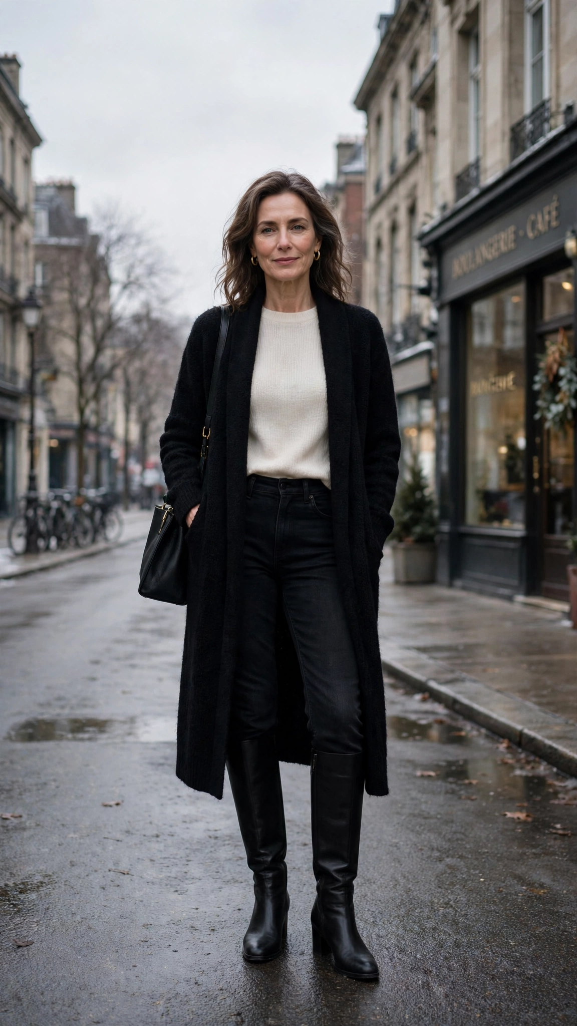 Long black cardigan, cream knit top with black jeans and knee-high boots