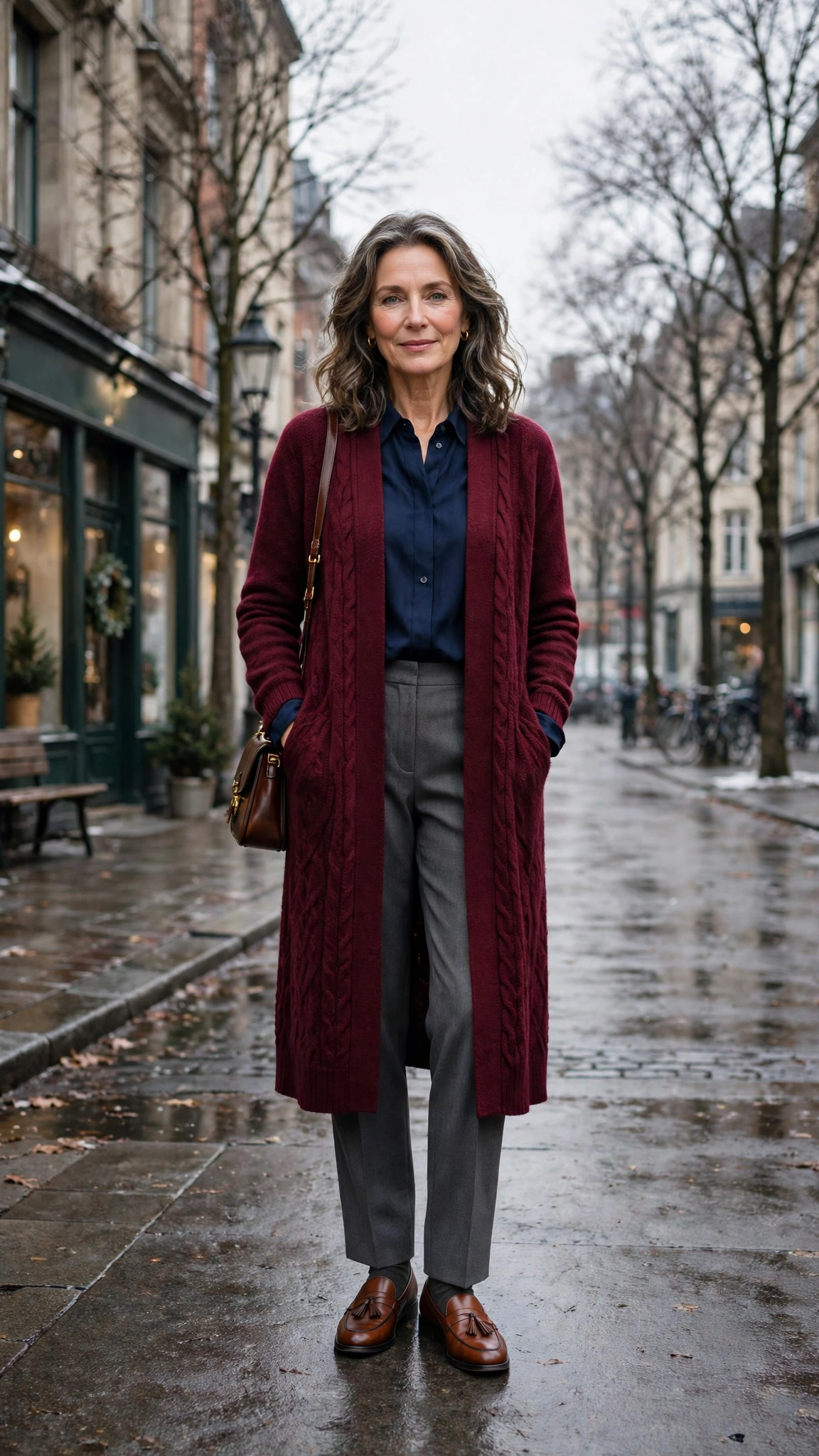 Long burgundy cardigan, navy blouse with grey trousers and classic loafers