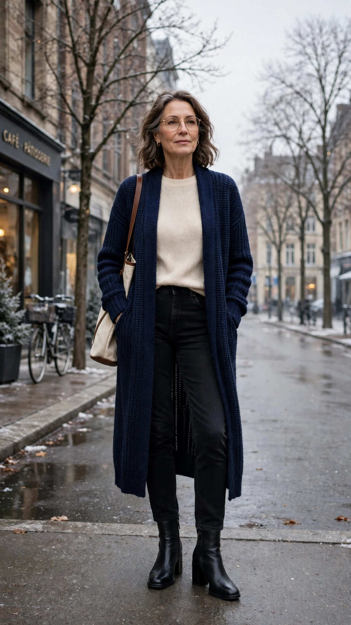 Long navy cardigan, cream knit top with black jeans and block-heel ankle boots