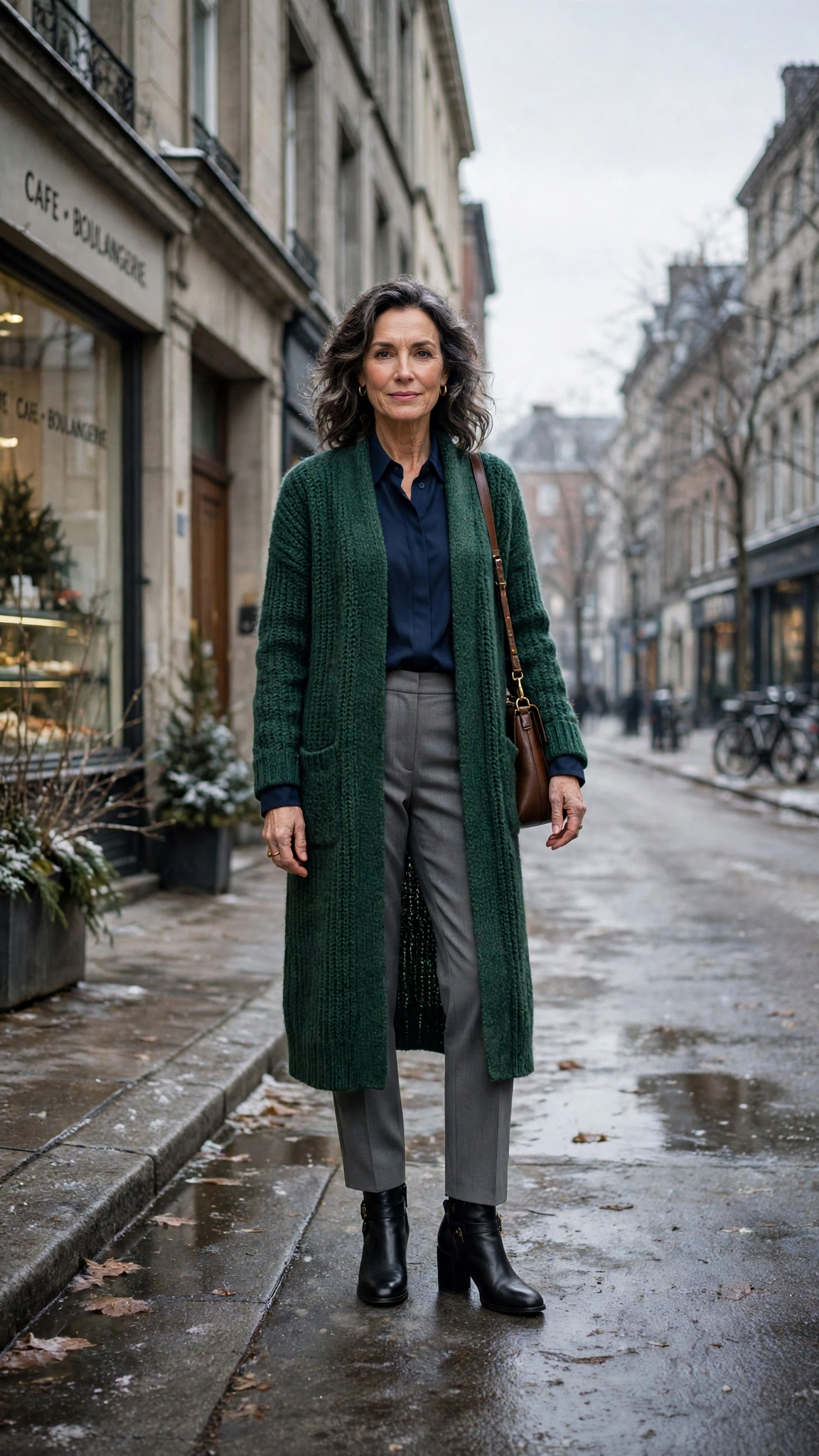 Long forest green cardigan, navy blouse with grey trousers and block-heel ankle boots