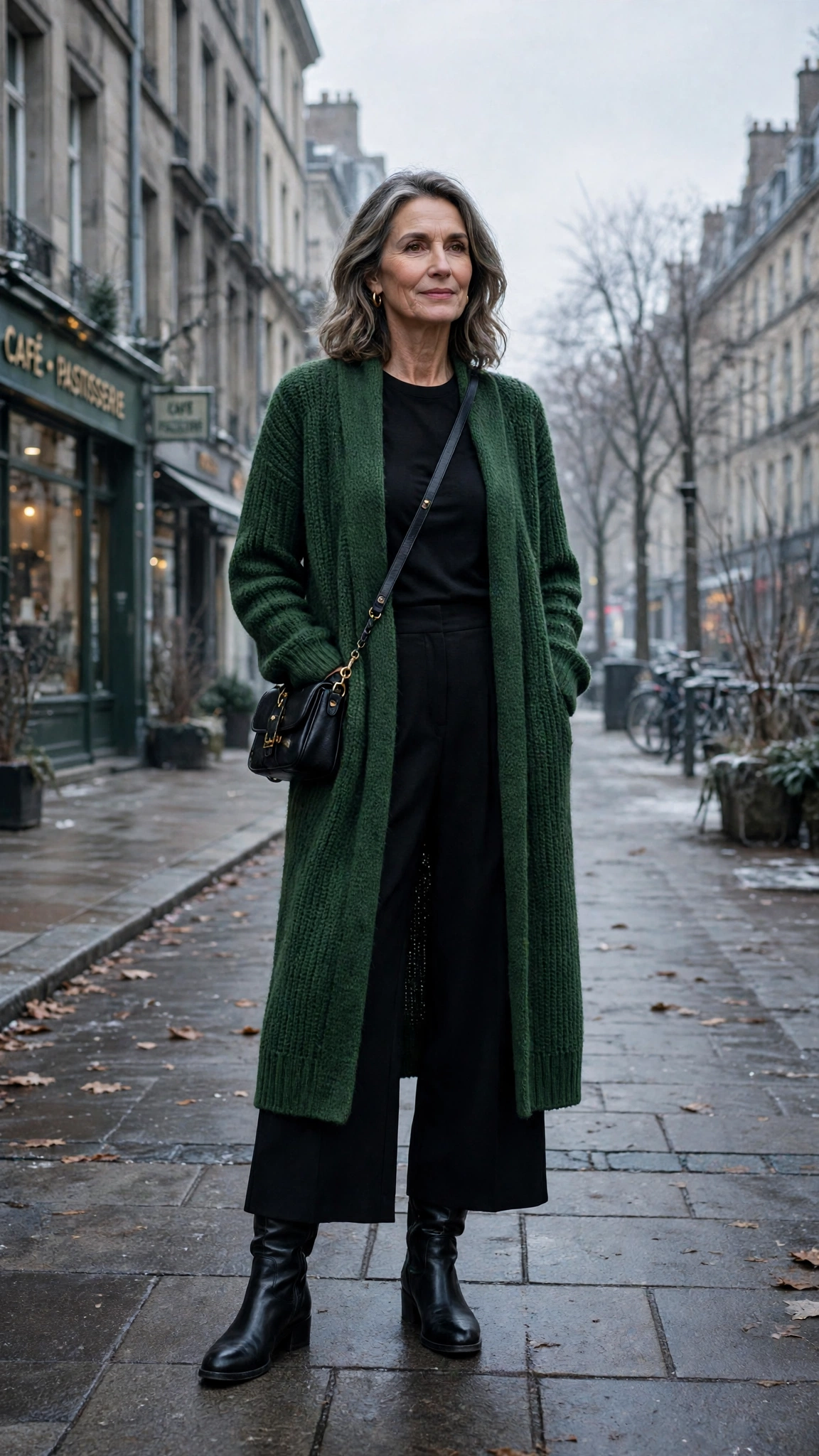 Long forest green cardigan, black top with wide-leg trousers and knee-high boots