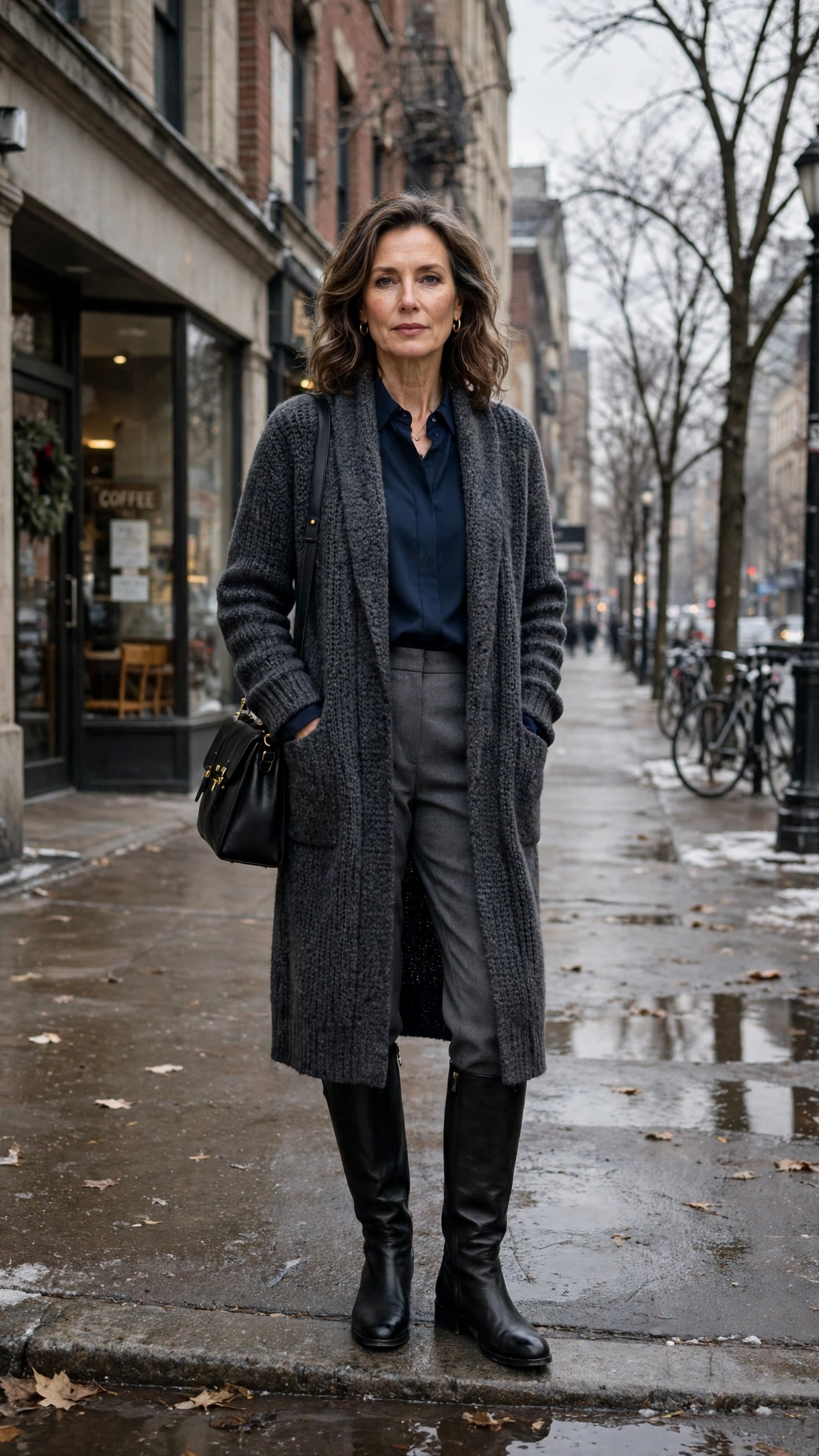 Long charcoal cardigan, navy blouse with grey trousers and knee-high boots