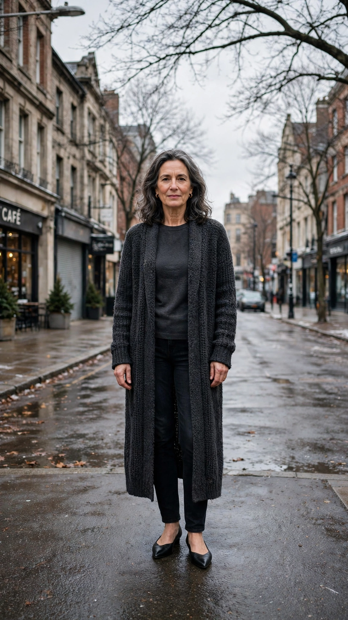 Long charcoal cardigan, charcoal top with black jeans and elegant pointed flats