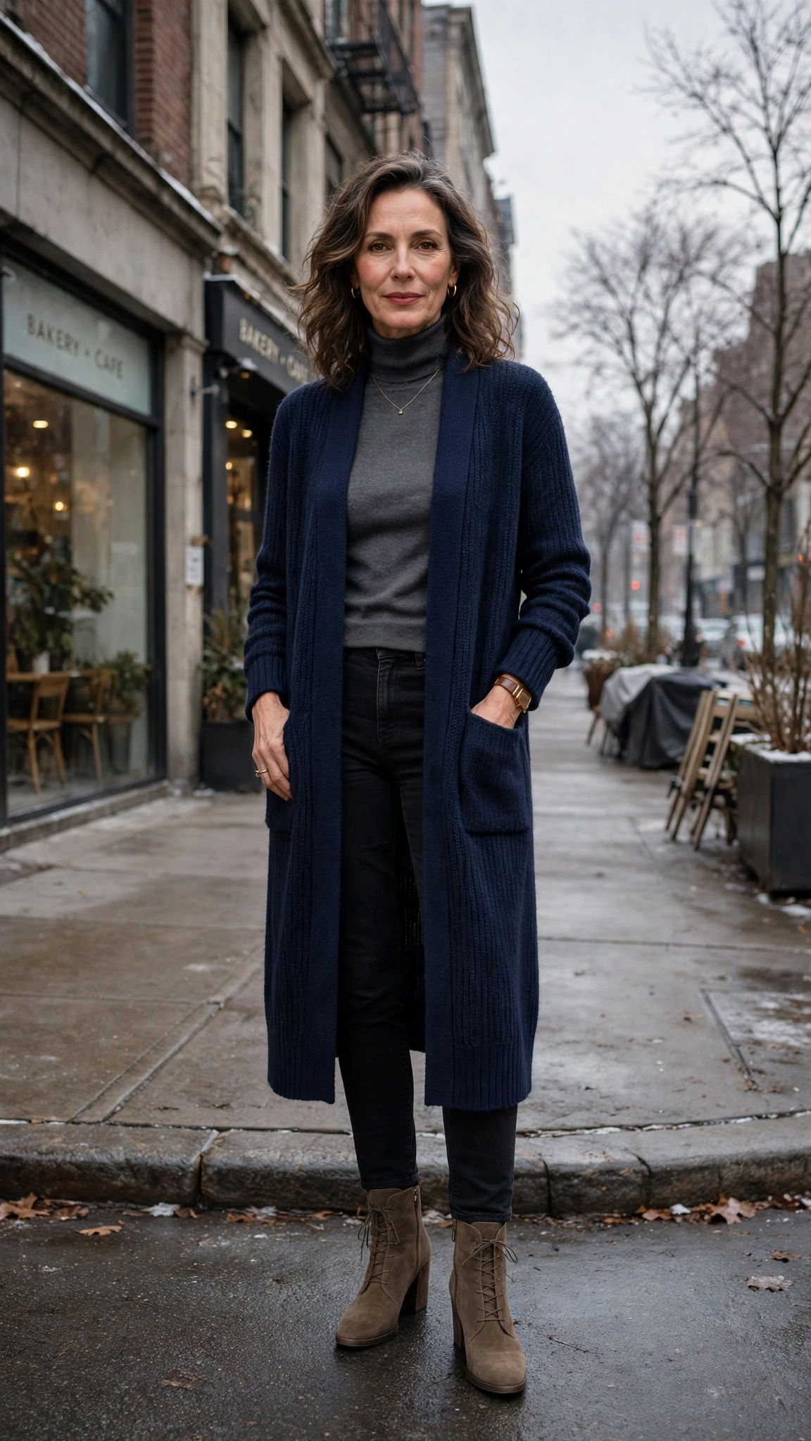 Long navy cardigan, charcoal top with black jeans and suede ankle boots