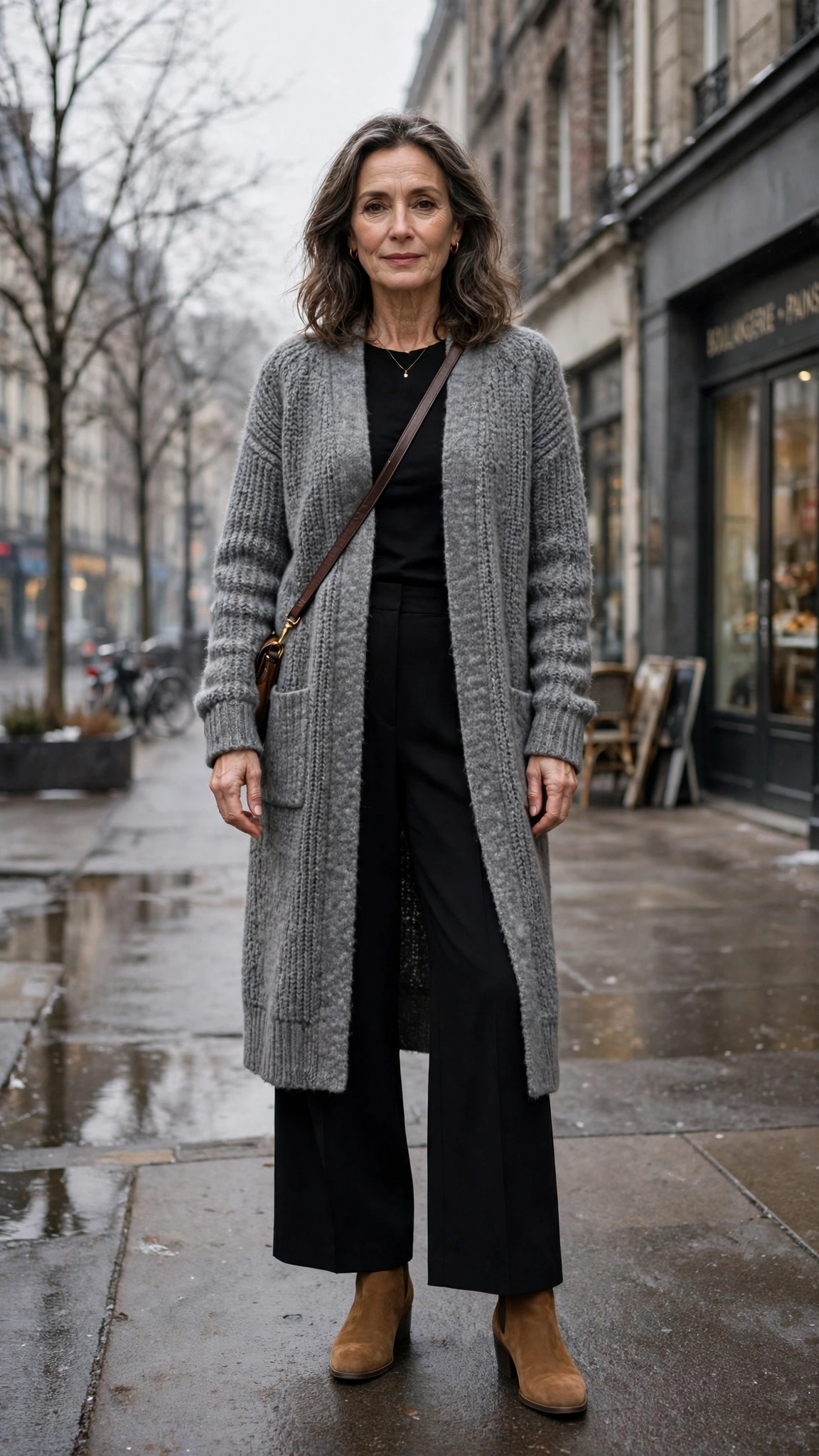 Long grey cardigan, black top with wide-leg trousers and suede ankle boots
