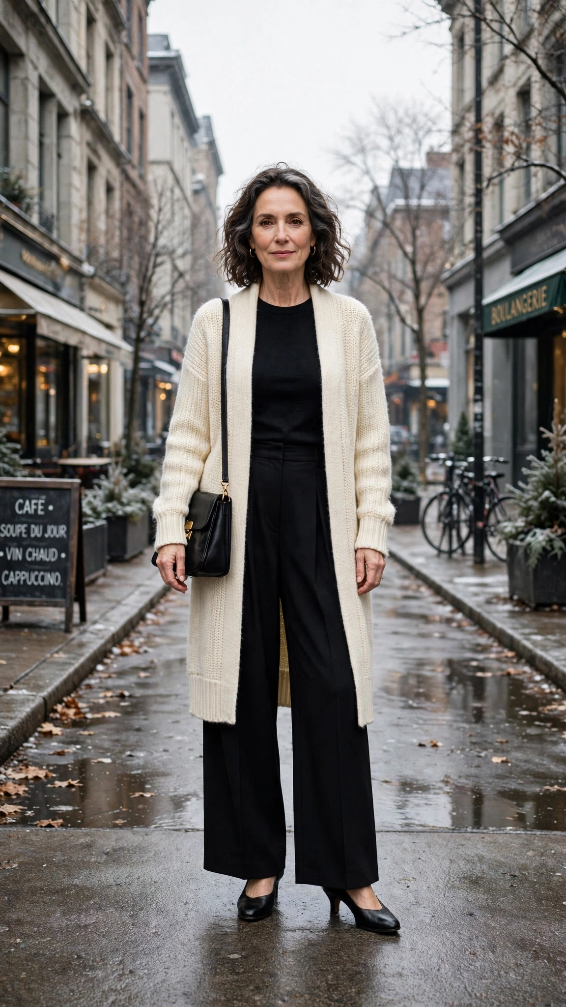 Long cream cardigan, black top with wide-leg trousers and low-heeled pumps