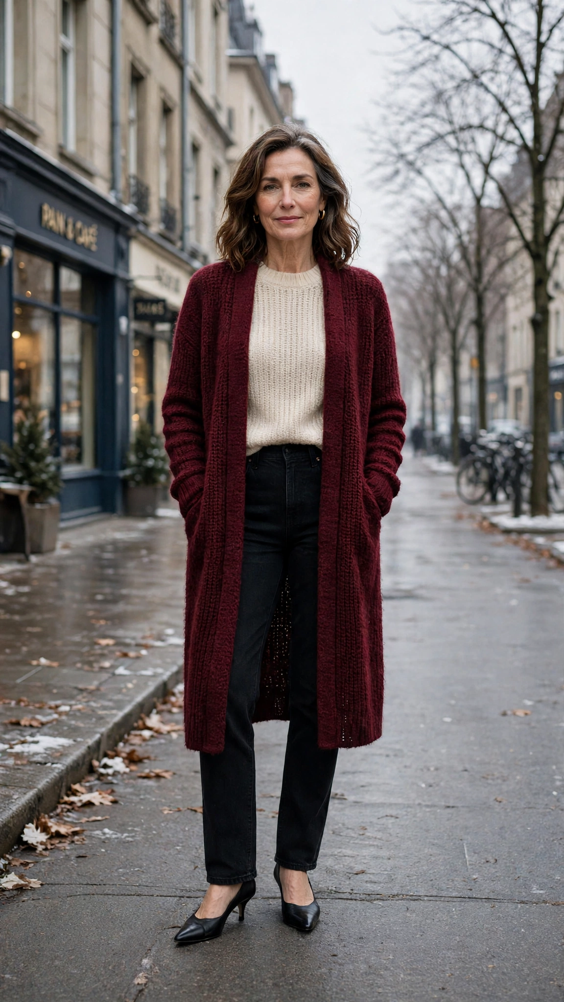 Long burgundy cardigan, cream knit top with black jeans and kitten heels