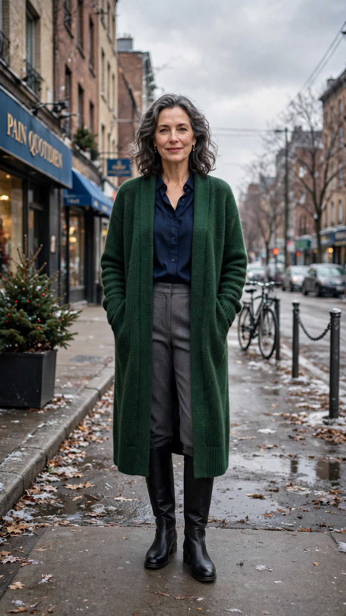 Long forest green cardigan, navy blouse with grey trousers and knee-high boots