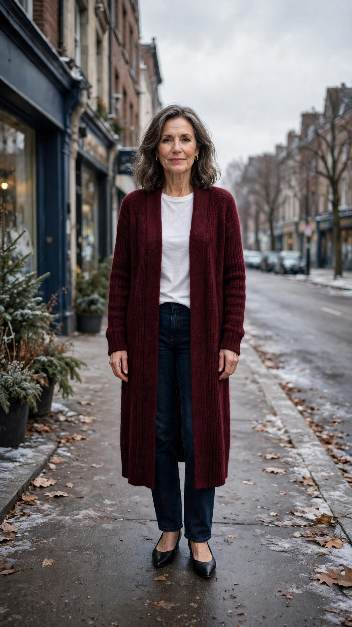 Long burgundy cardigan, white top with dark jeans and elegant pointed flats
