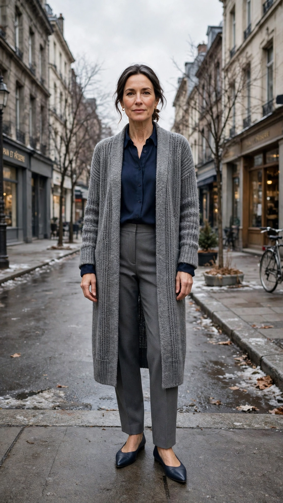 Long grey cardigan, navy blouse with grey trousers and elegant pointed flats