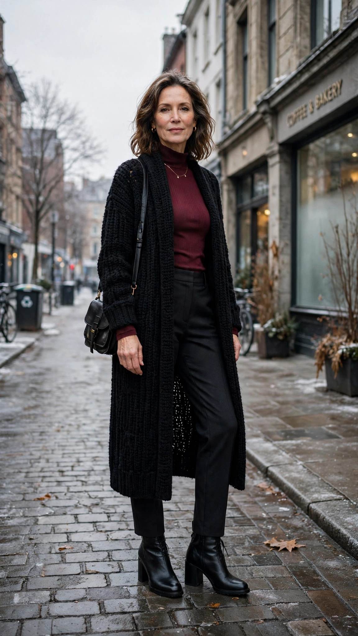 Long black cardigan, burgundy top with dark trousers and block-heel ankle boots