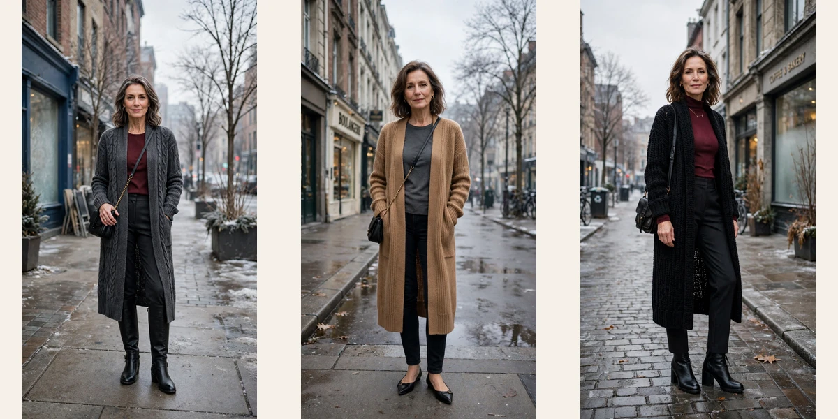 33 Women over 50 winter layering outfits with a long cardigan and ankle boots That Are Chic, Warm and Elegant