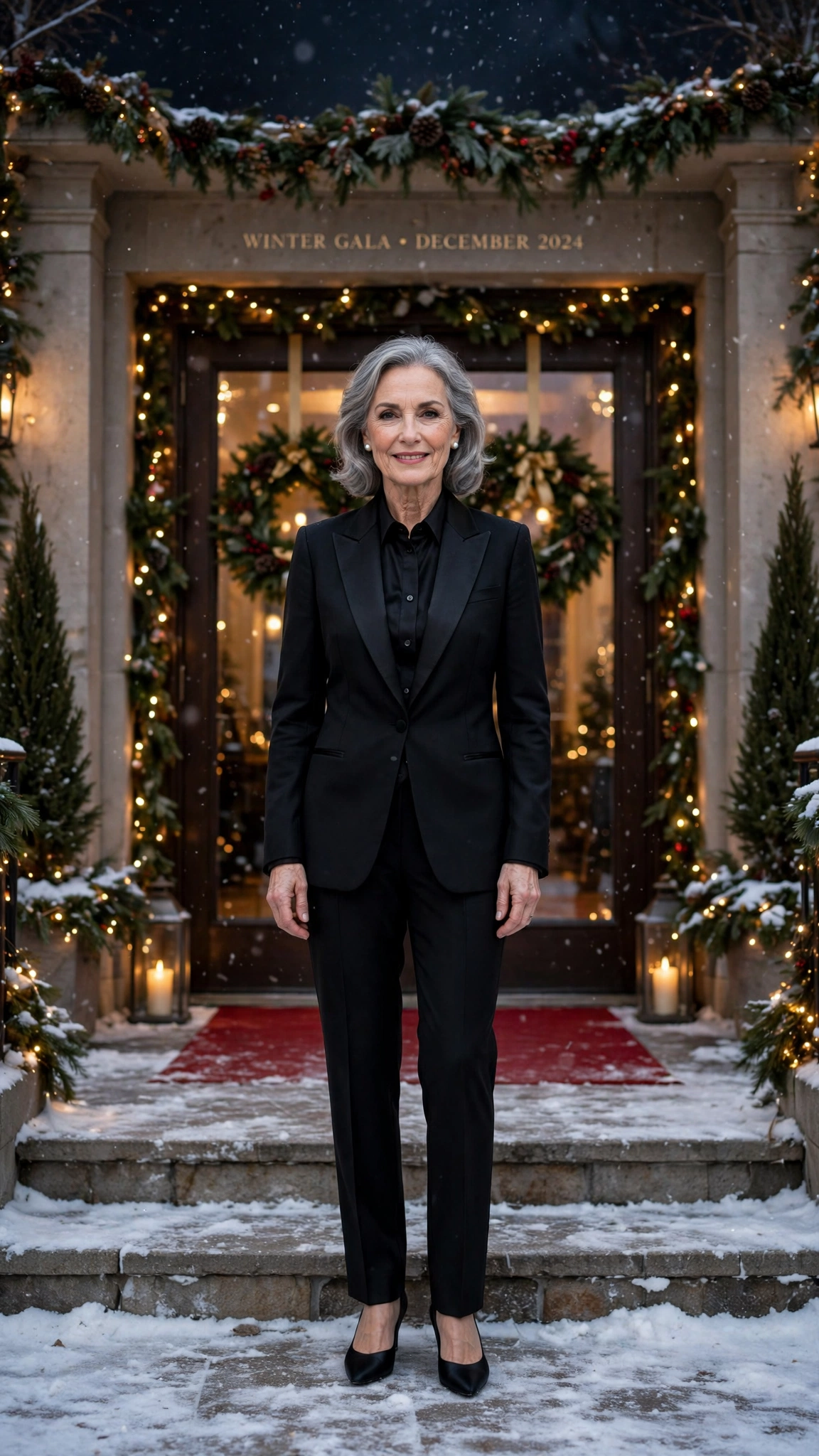 Black satin-lapel tuxedo suit with satin pumps