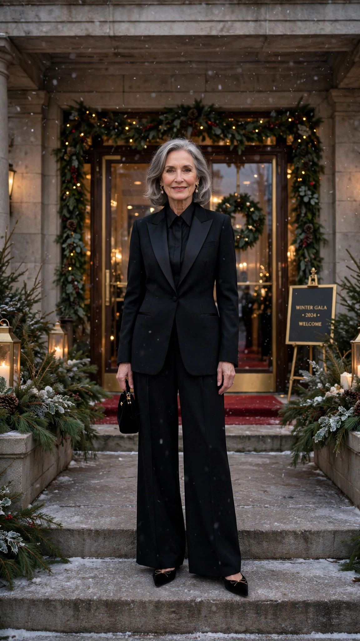 Black wide-leg tuxedo suit with elegant pointed flats