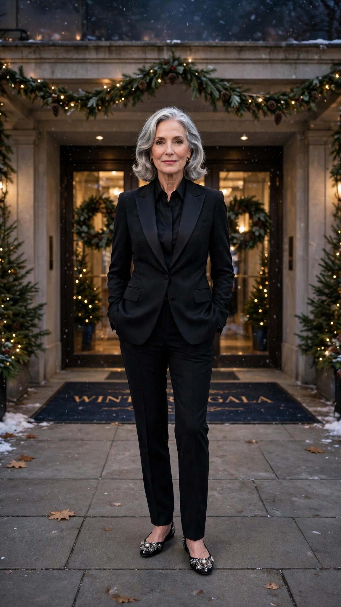 Black satin-lapel tuxedo suit with embellished flats