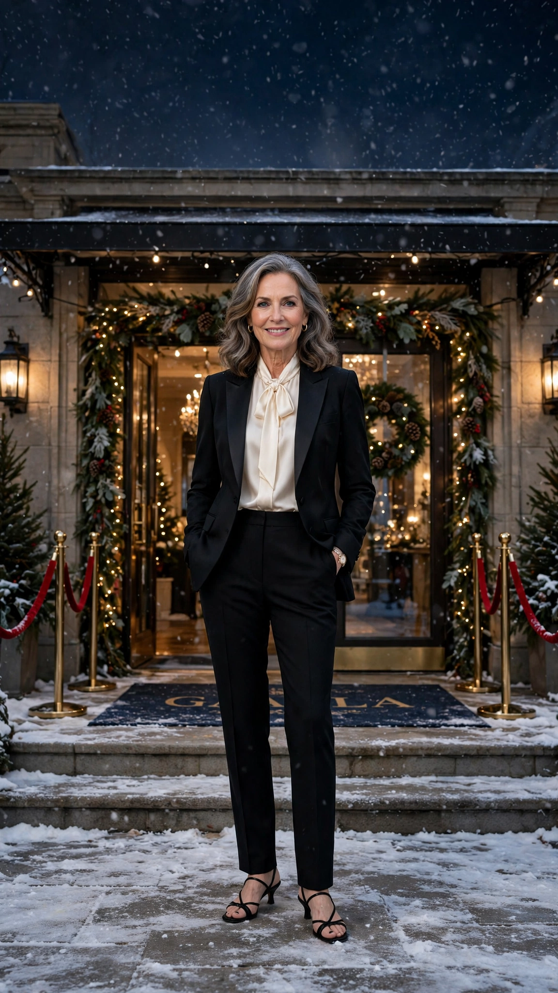 Black tuxedo suit with a silk blouse with low-heeled sandals