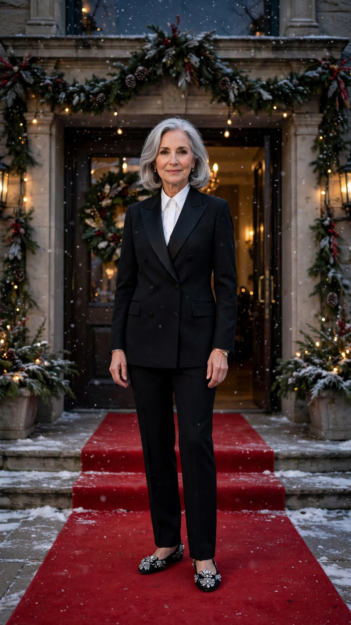 Black double-breasted tuxedo suit with embellished flats