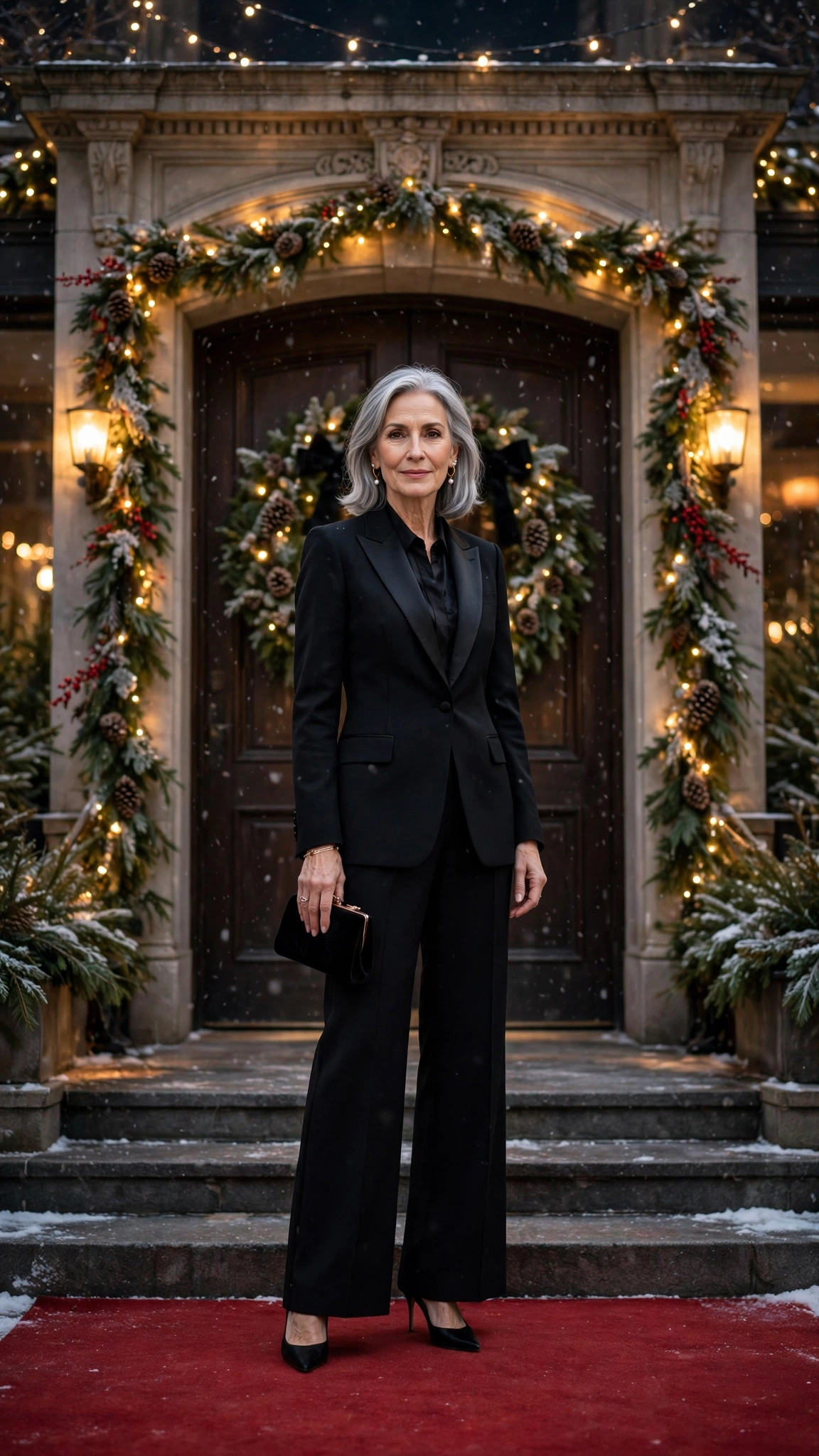 Black wide-leg tuxedo suit with pointed heels
