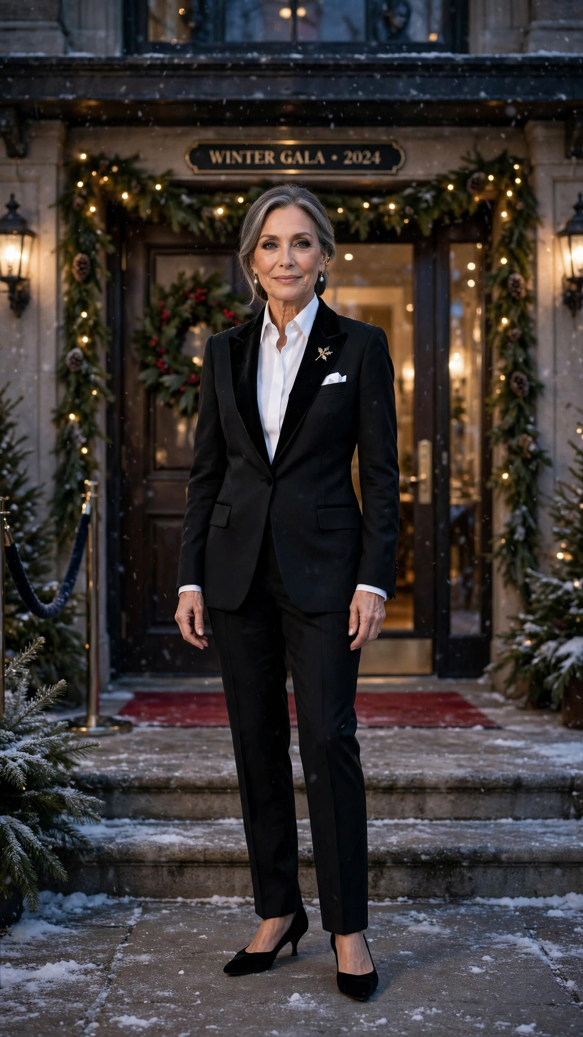 Black velvet-trimmed tuxedo suit with kitten heels
