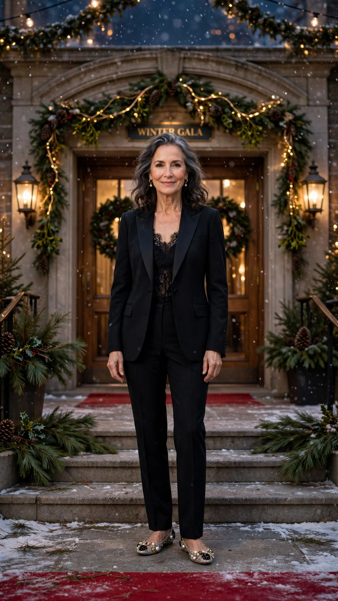 Black tuxedo suit with a lace camisole with embellished flats