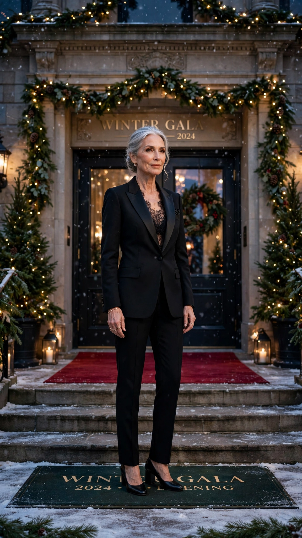 Black tuxedo suit with a lace camisole with block-heel pumps